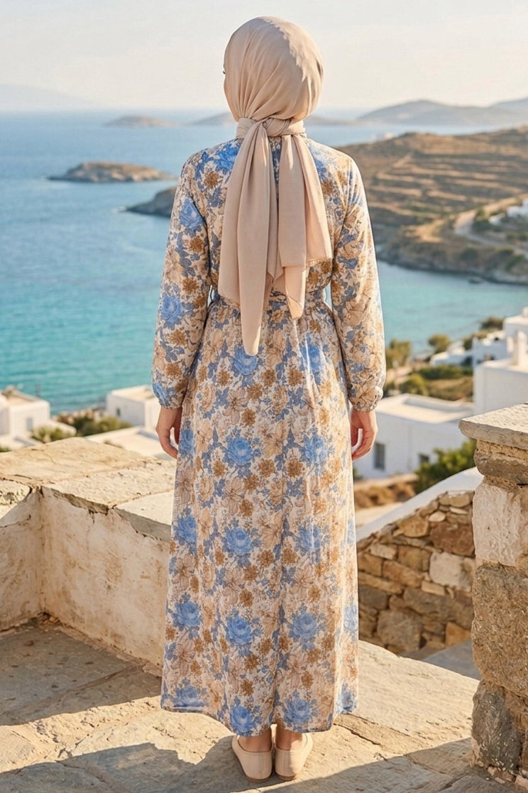 Desenli Kuşaklı Lastik Detaylı Elbise - 2115-MAVI-BEYAZ - 3