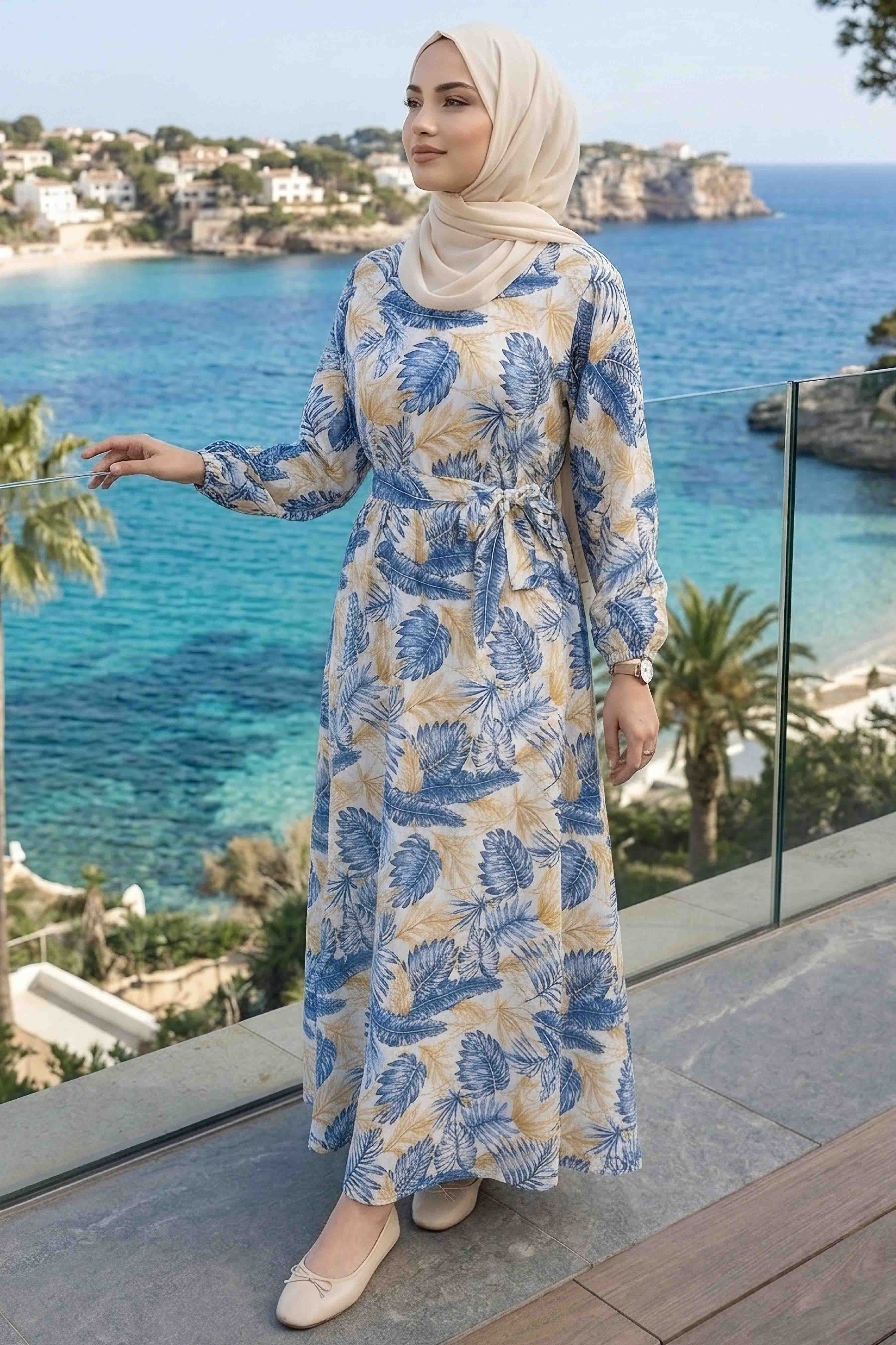 Desenli Kuşaklı Lastik Detaylı Elbise - 2115-MAVI - 1