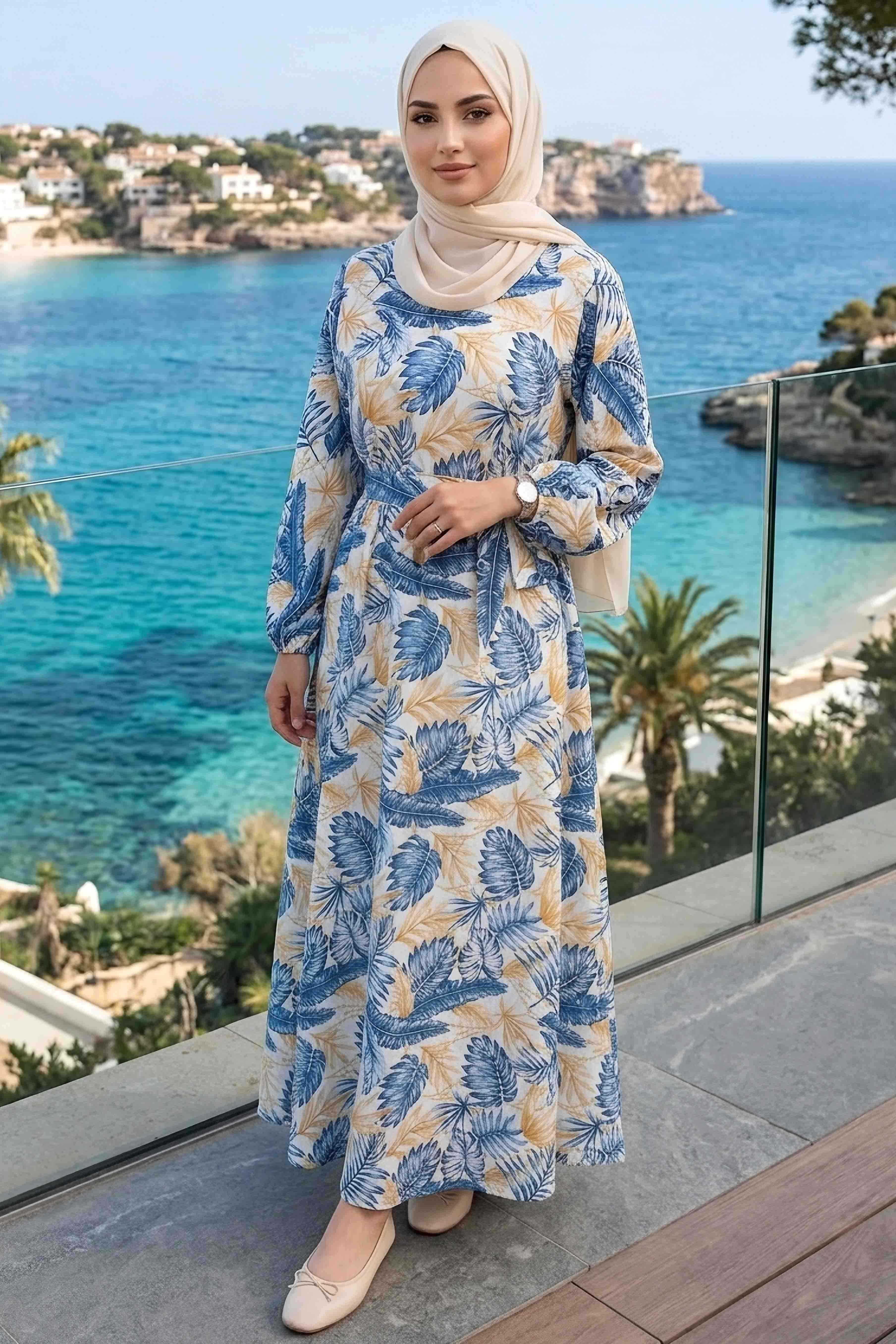 Desenli Kuşaklı Lastik Detaylı Elbise - 2115-MAVI - 2