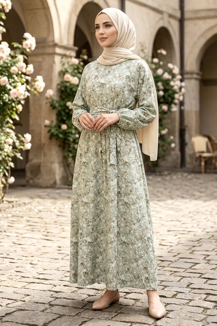 Desenli Kuşaklı Lastik Detaylı Elbise - 2115-MINT - 1