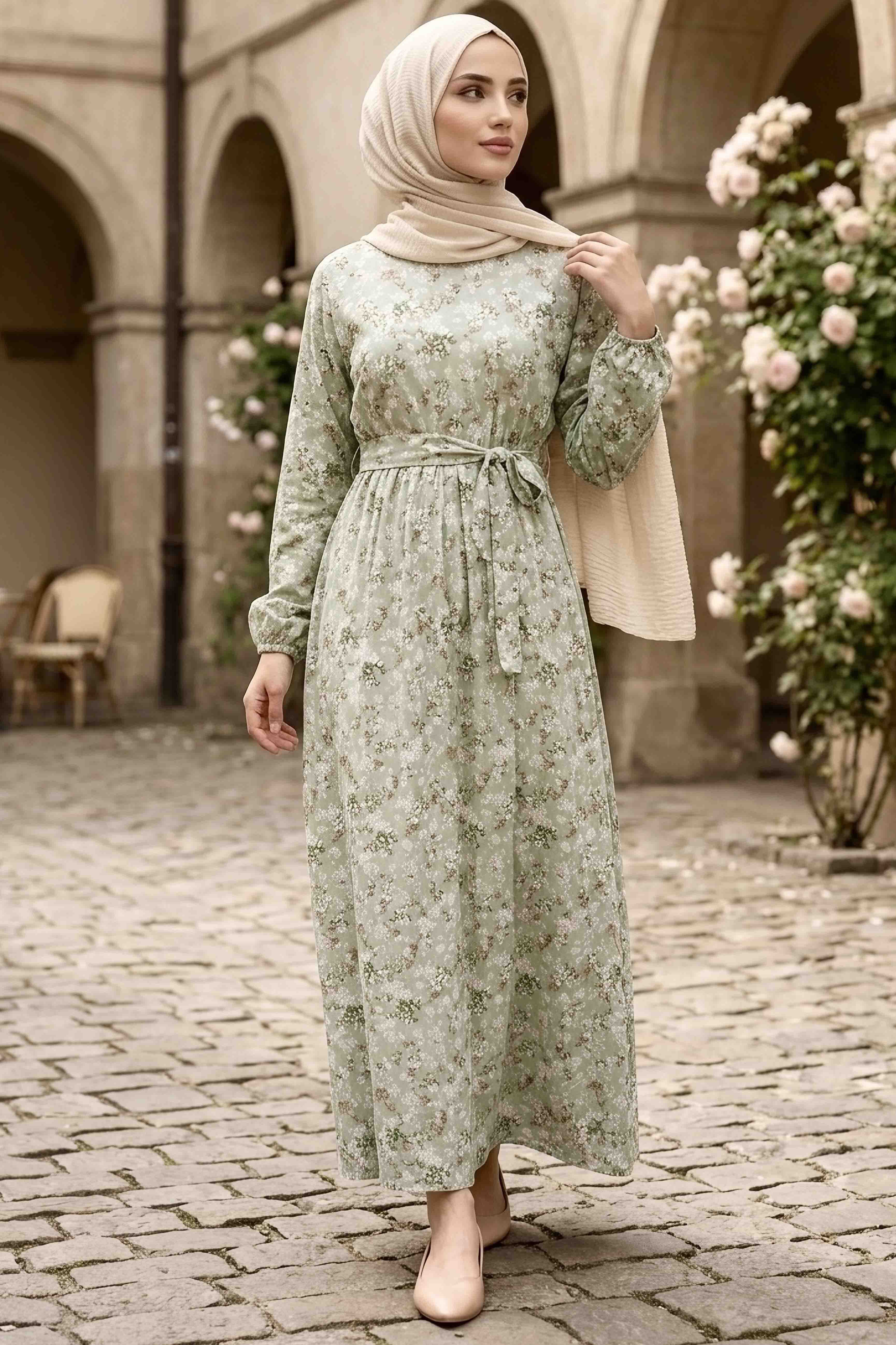 Desenli Kuşaklı Lastik Detaylı Elbise - 2115-MINT - 2