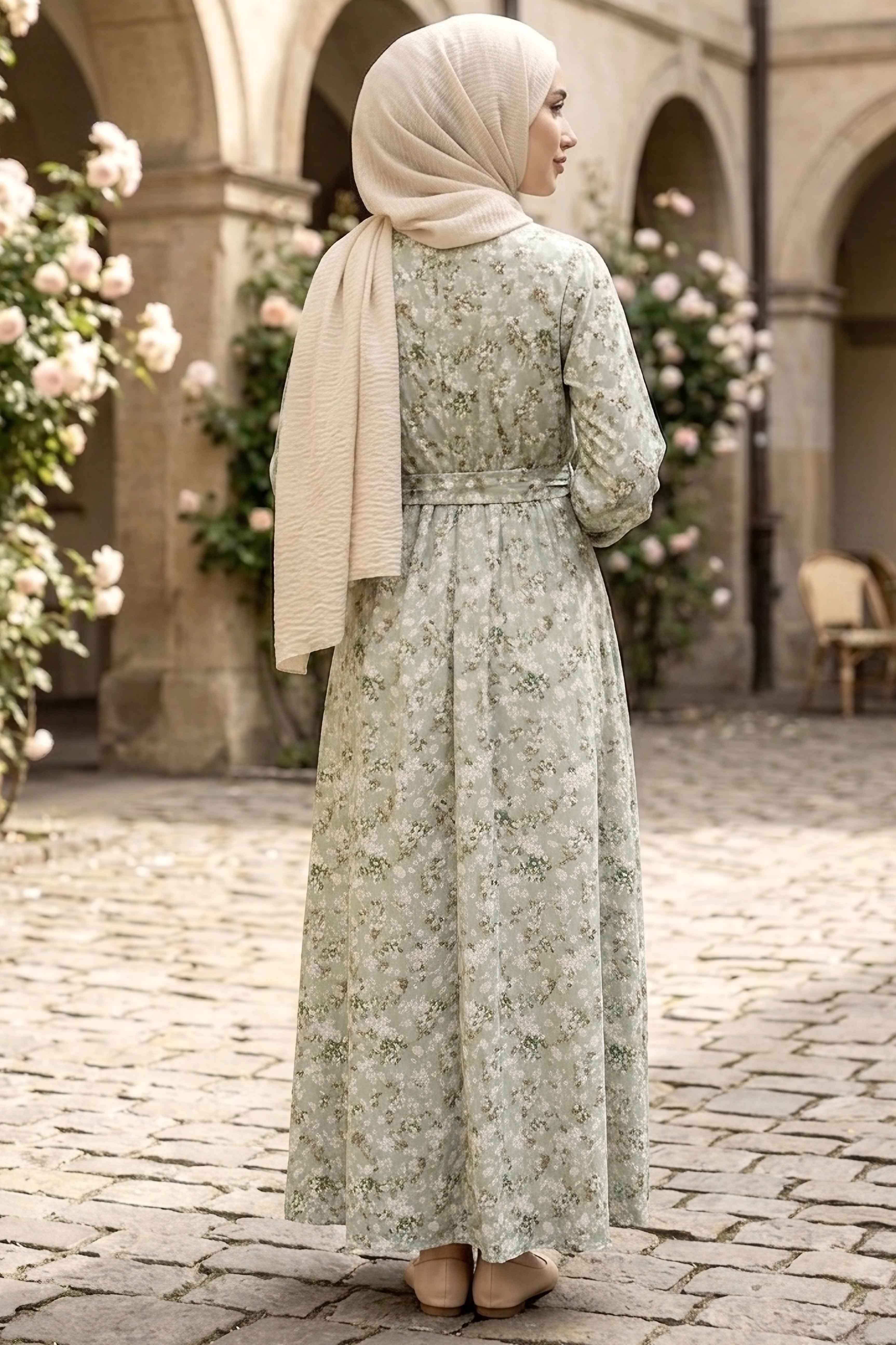 Desenli Kuşaklı Lastik Detaylı Elbise - 2115-MINT - 3