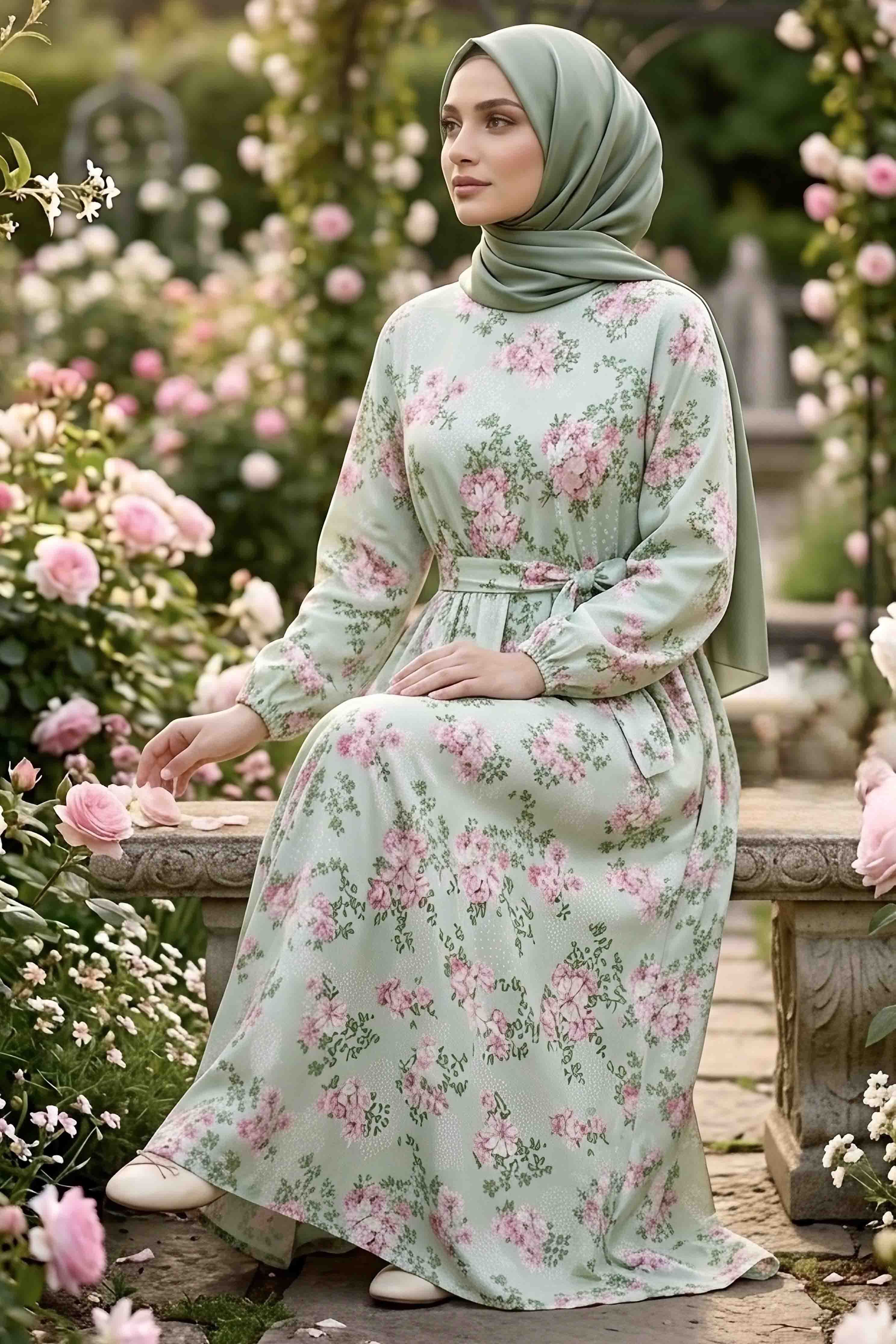 Desenli Kuşaklı Lastik Detaylı Elbise - 2115-MINT-PUDRA - 1