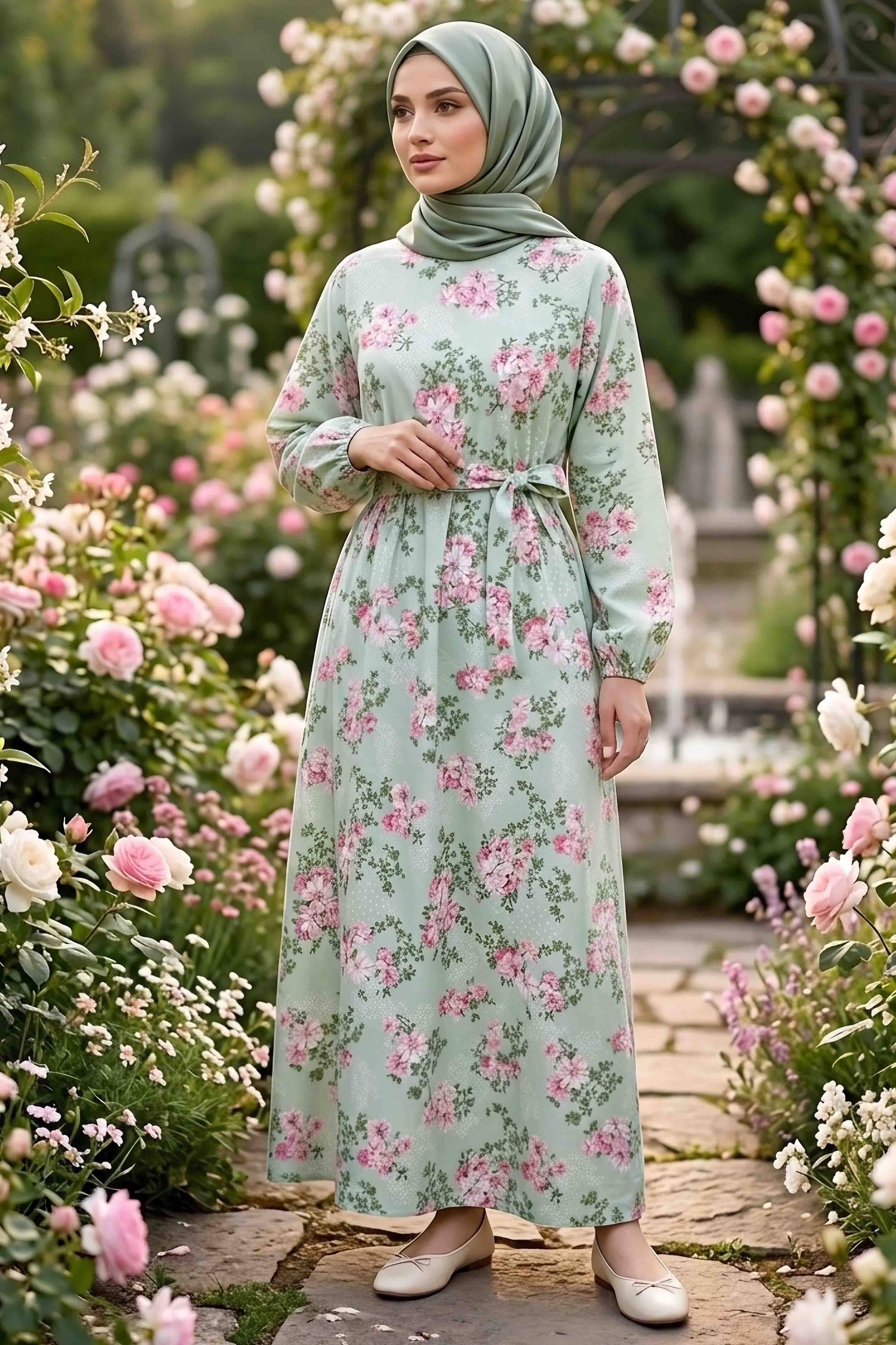 Desenli Kuşaklı Lastik Detaylı Elbise - 2115-MINT-PUDRA - 2