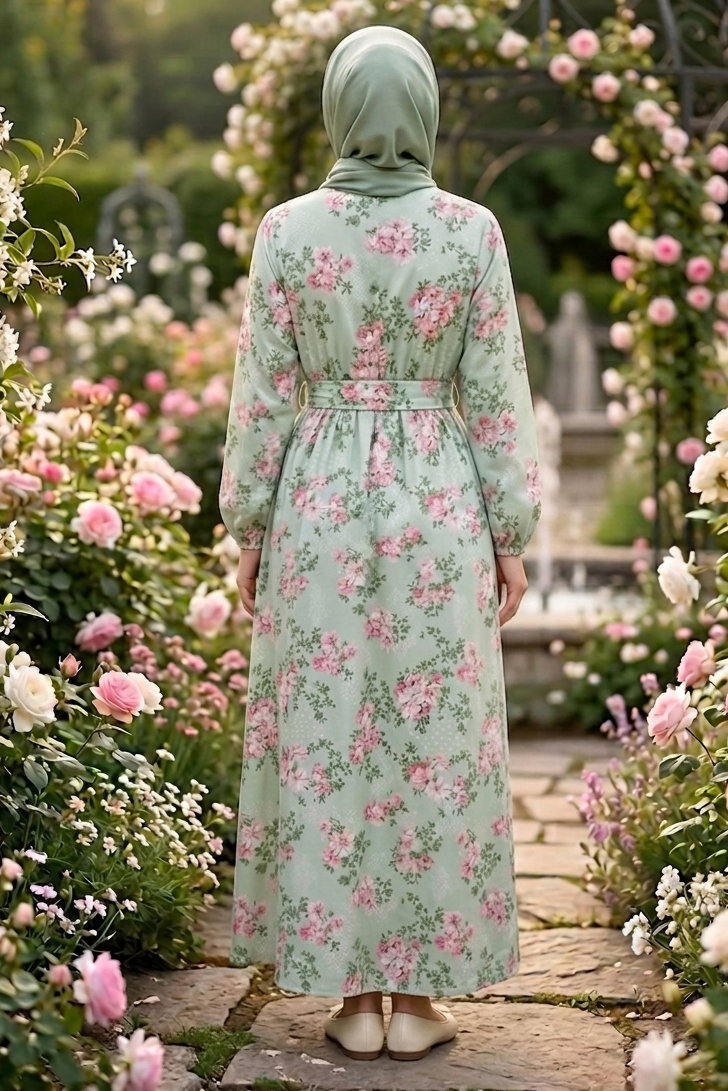 Desenli Kuşaklı Lastik Detaylı Elbise - 2115-MINT-PUDRA - 3