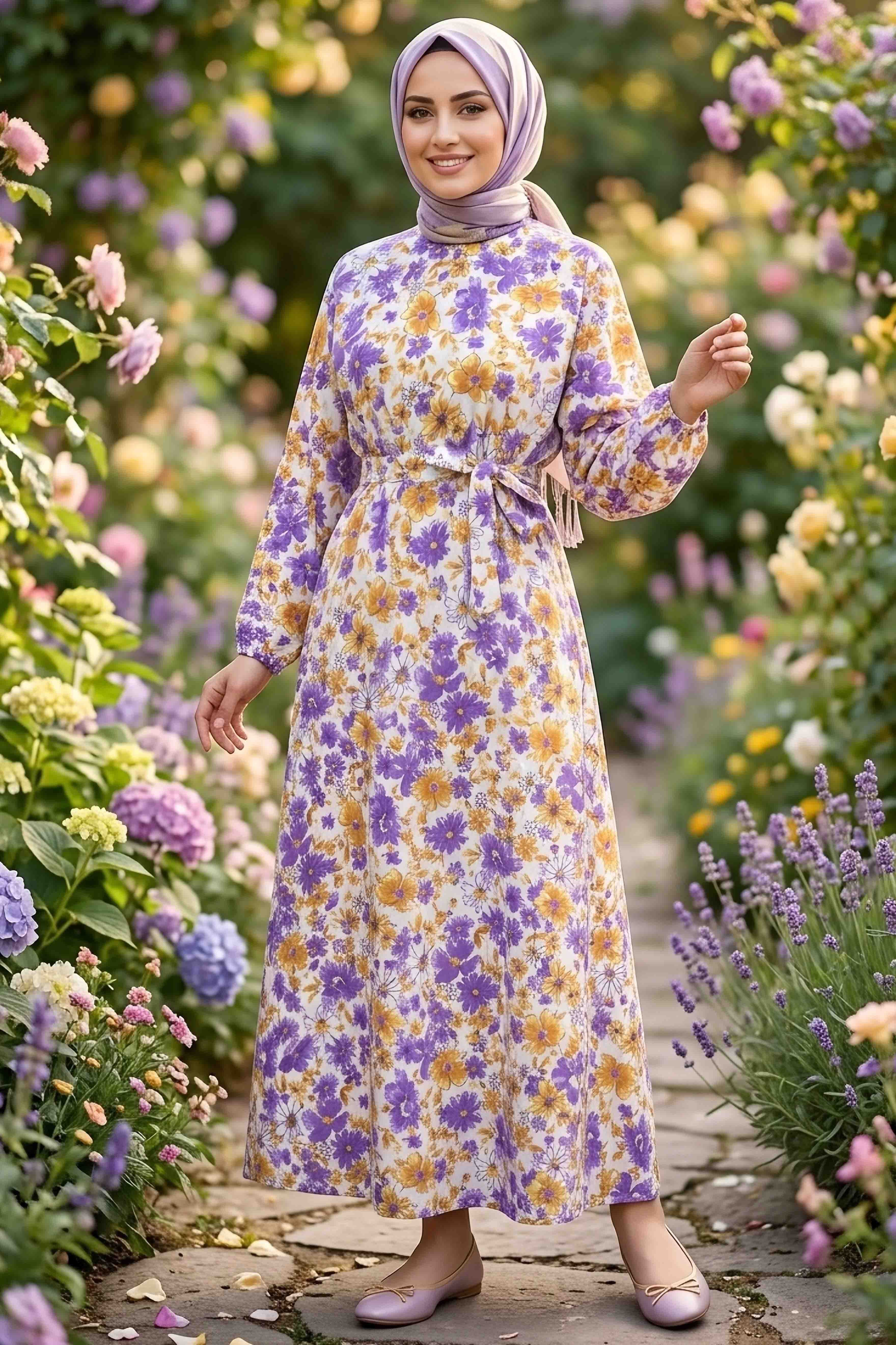 Desenli Kuşaklı Lastik Detaylı Elbise - 2115-MOR - 1