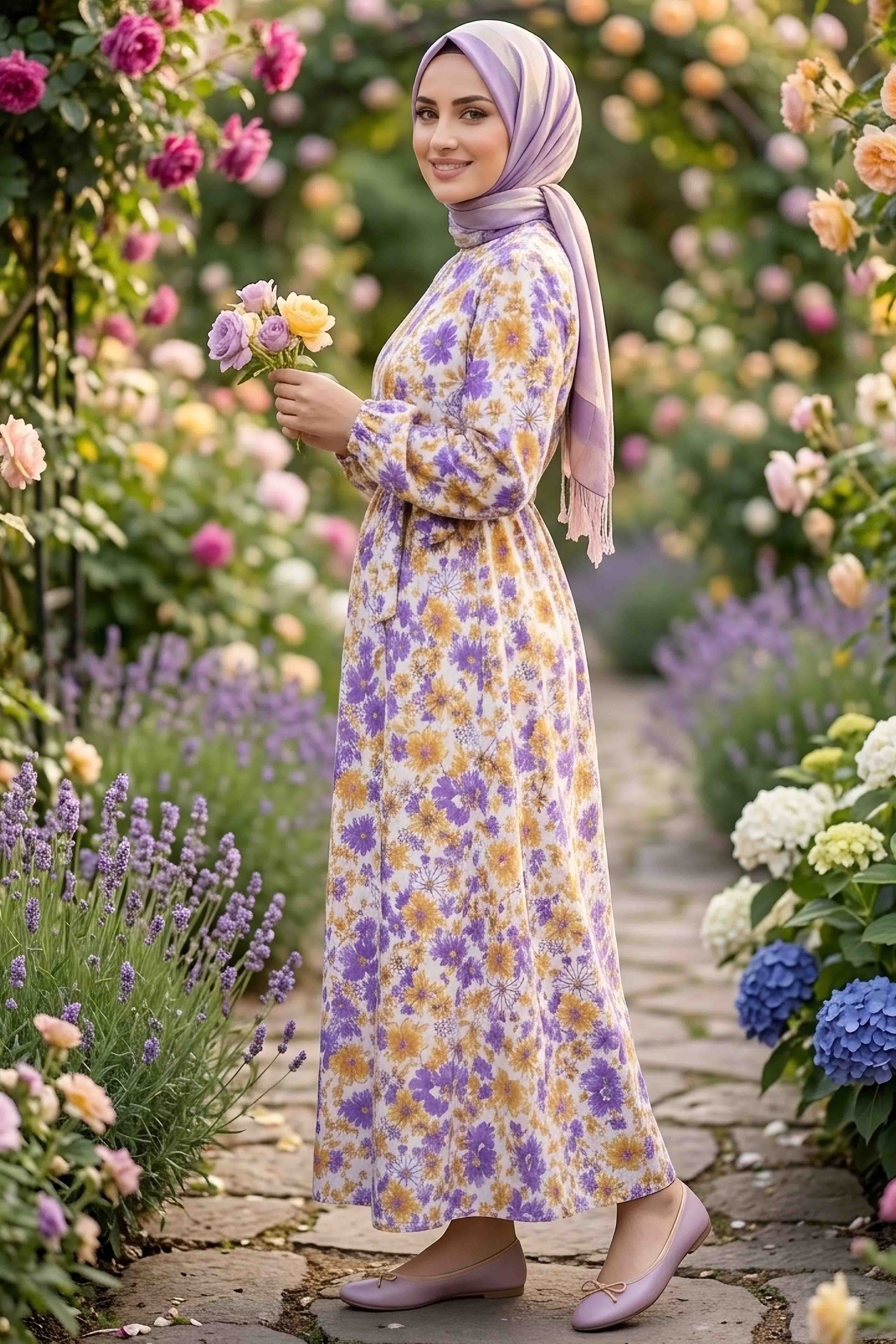 Desenli Kuşaklı Lastik Detaylı Elbise - 2115-MOR - 2