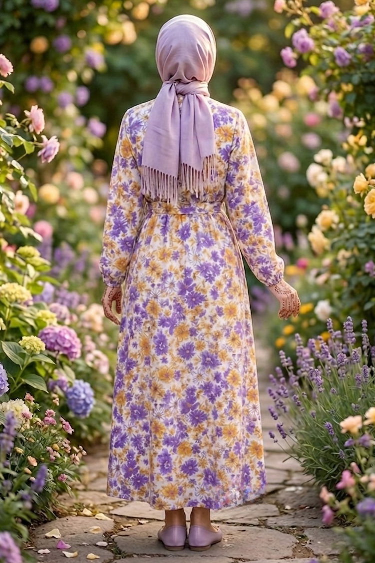 Desenli Kuşaklı Lastik Detaylı Elbise - 2115-MOR - 3