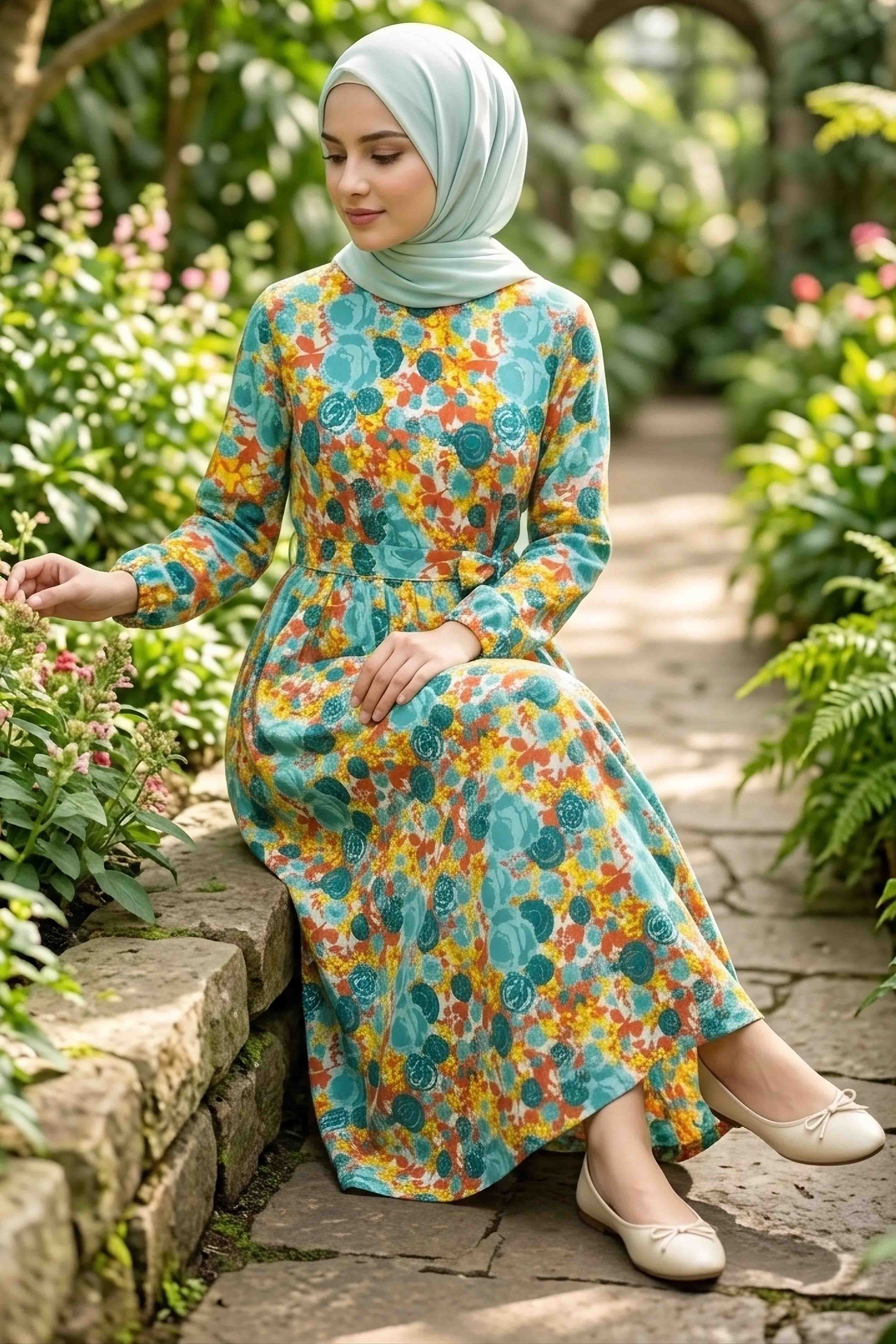 Desenli Kuşaklı Lastik Detaylı Elbise - 2115-ORANJ - 1