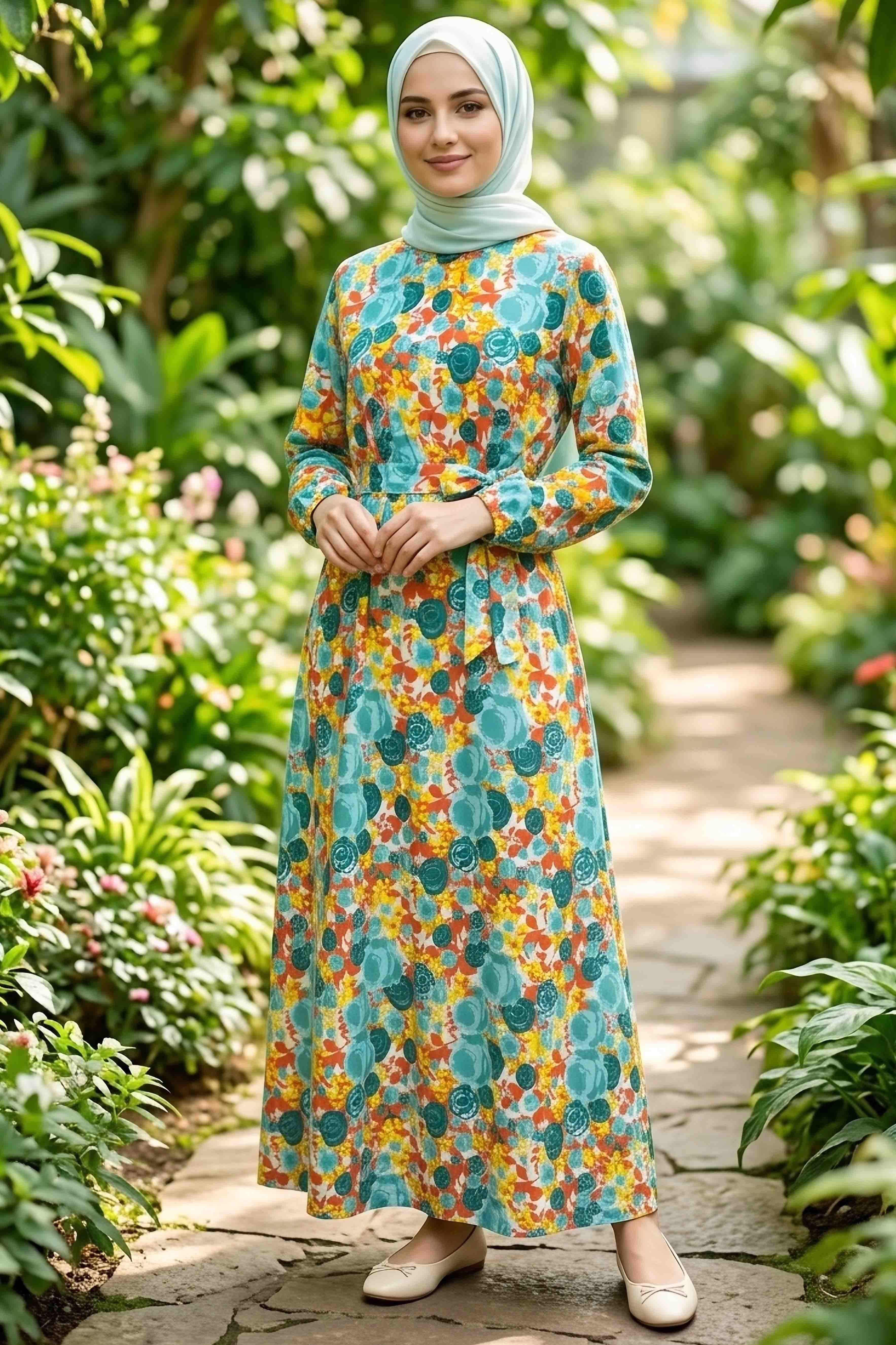 Desenli Kuşaklı Lastik Detaylı Elbise - 2115-ORANJ - 2