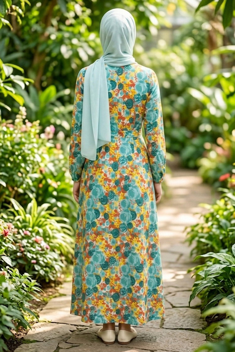 Desenli Kuşaklı Lastik Detaylı Elbise - 2115-ORANJ - 3