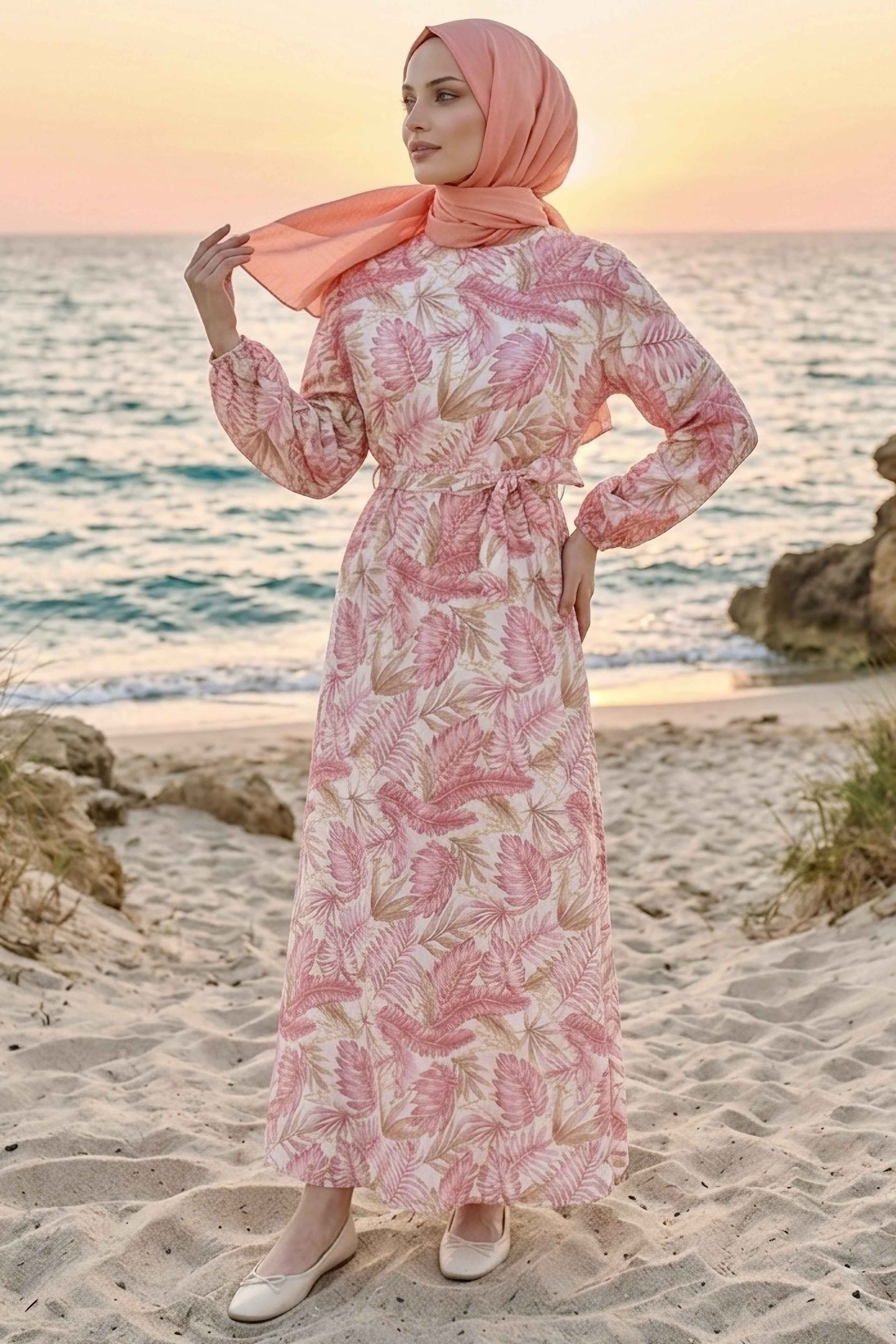 Desenli Kuşaklı Lastik Detaylı Elbise - 2115-PEMBE - 1