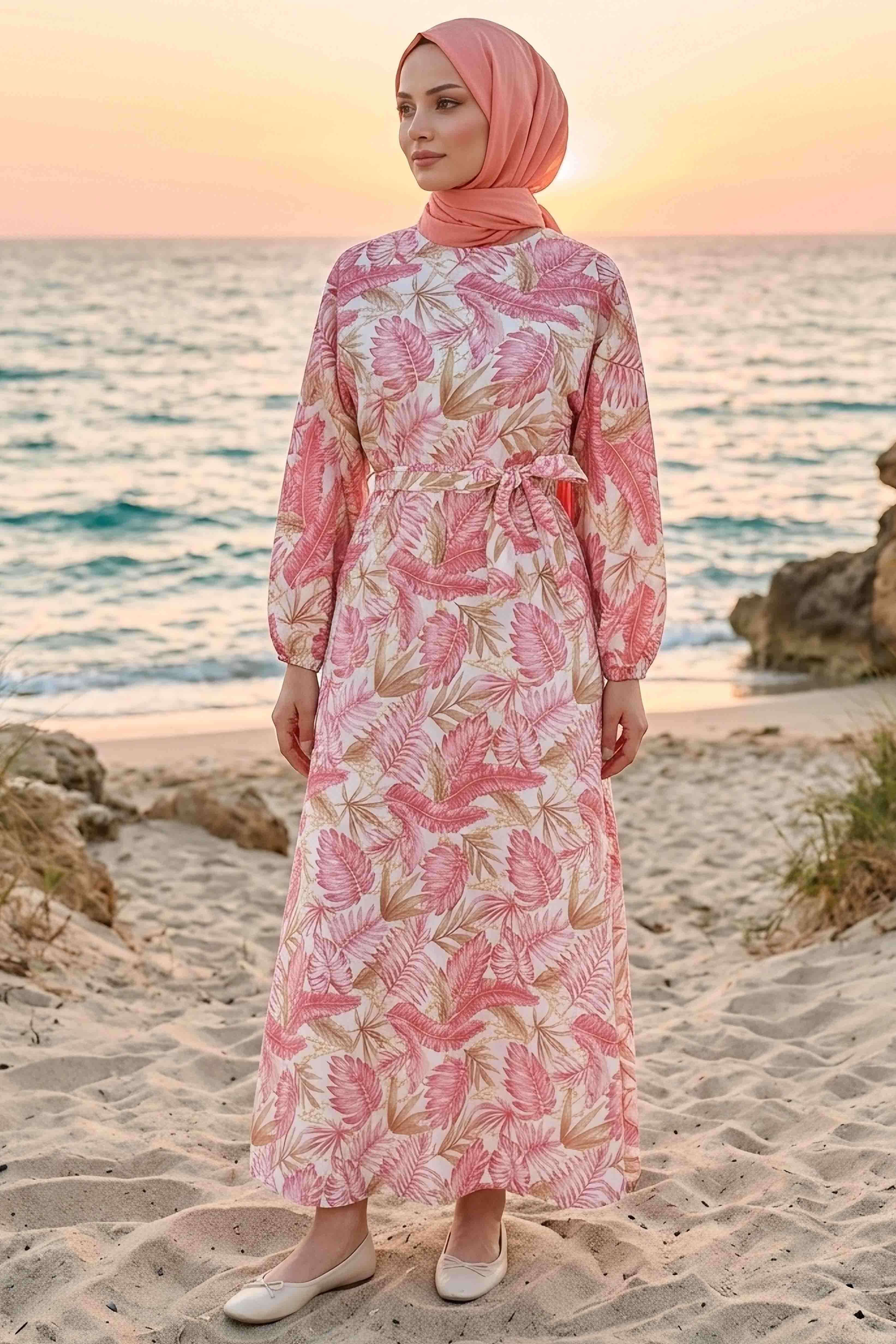 Desenli Kuşaklı Lastik Detaylı Elbise - 2115-PEMBE - 2