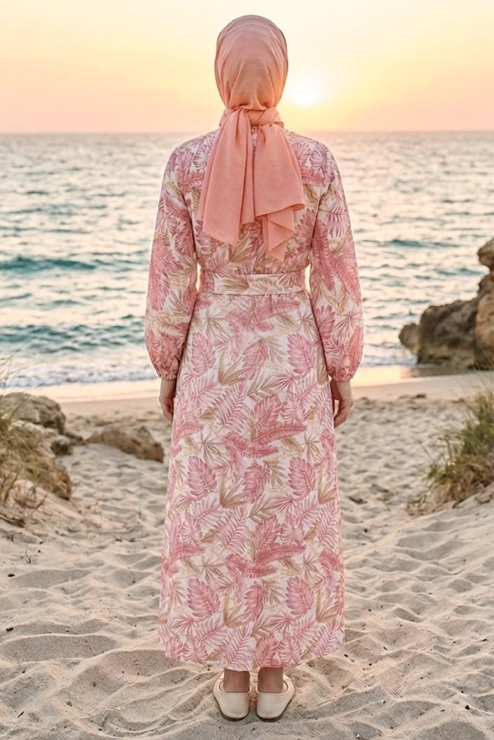 Desenli Kuşaklı Lastik Detaylı Elbise - 2115-PEMBE - 3