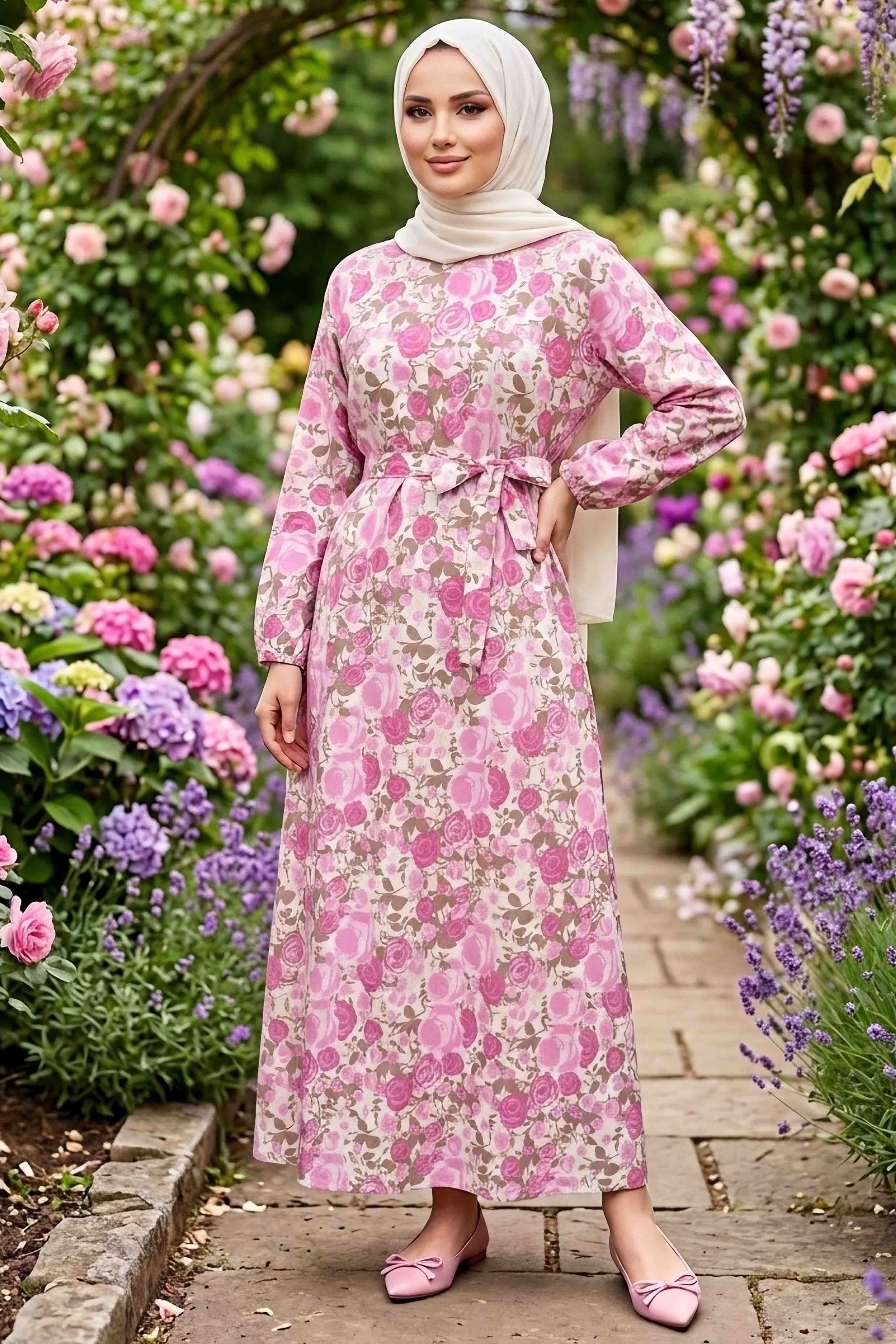 Desenli Kuşaklı Lastik Detaylı Elbise - 2115-PUDRA - 1