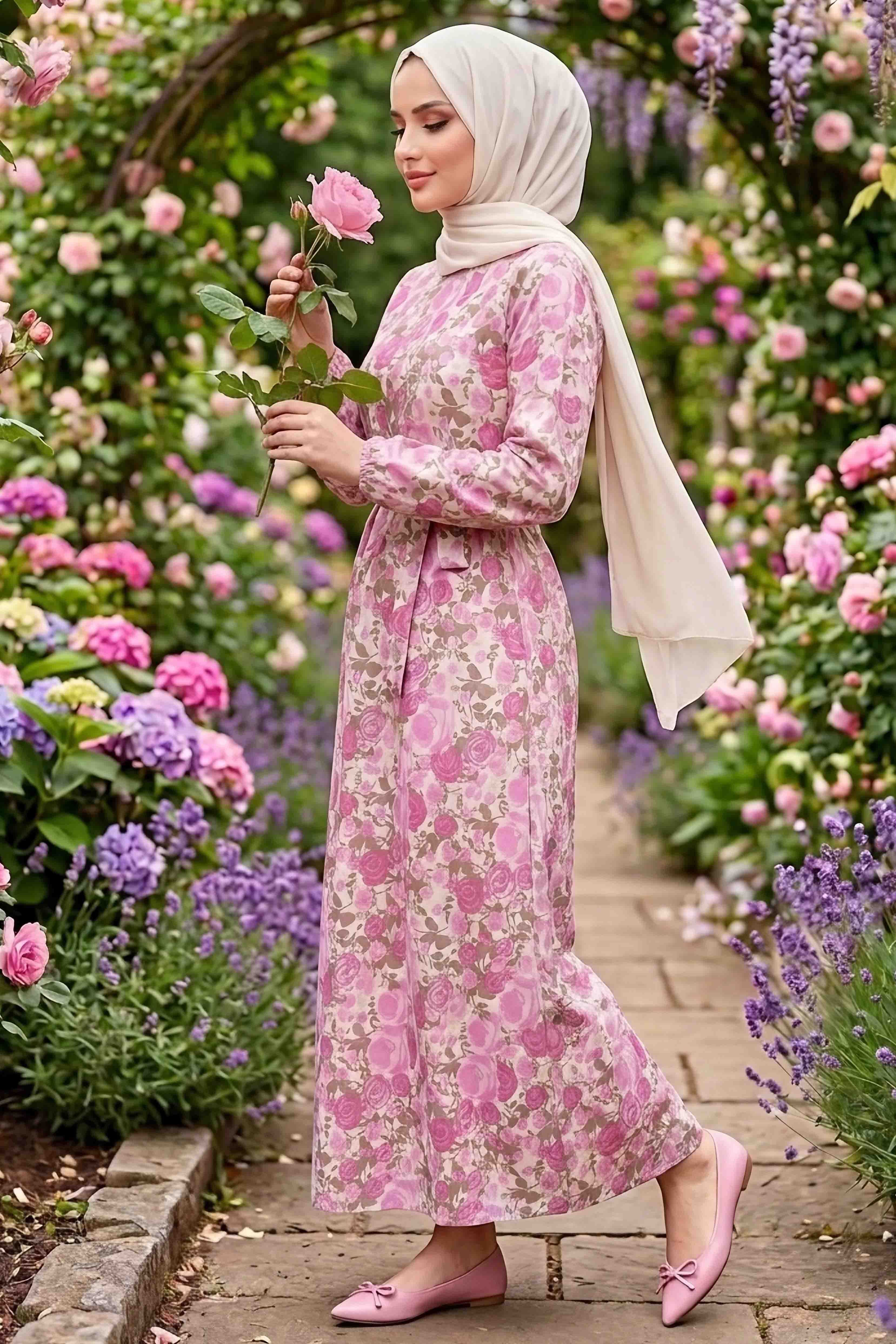 Desenli Kuşaklı Lastik Detaylı Elbise - 2115-PUDRA - 2