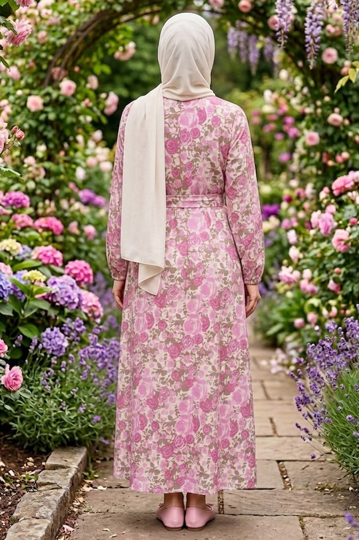 Desenli Kuşaklı Lastik Detaylı Elbise - 2115-PUDRA - 3