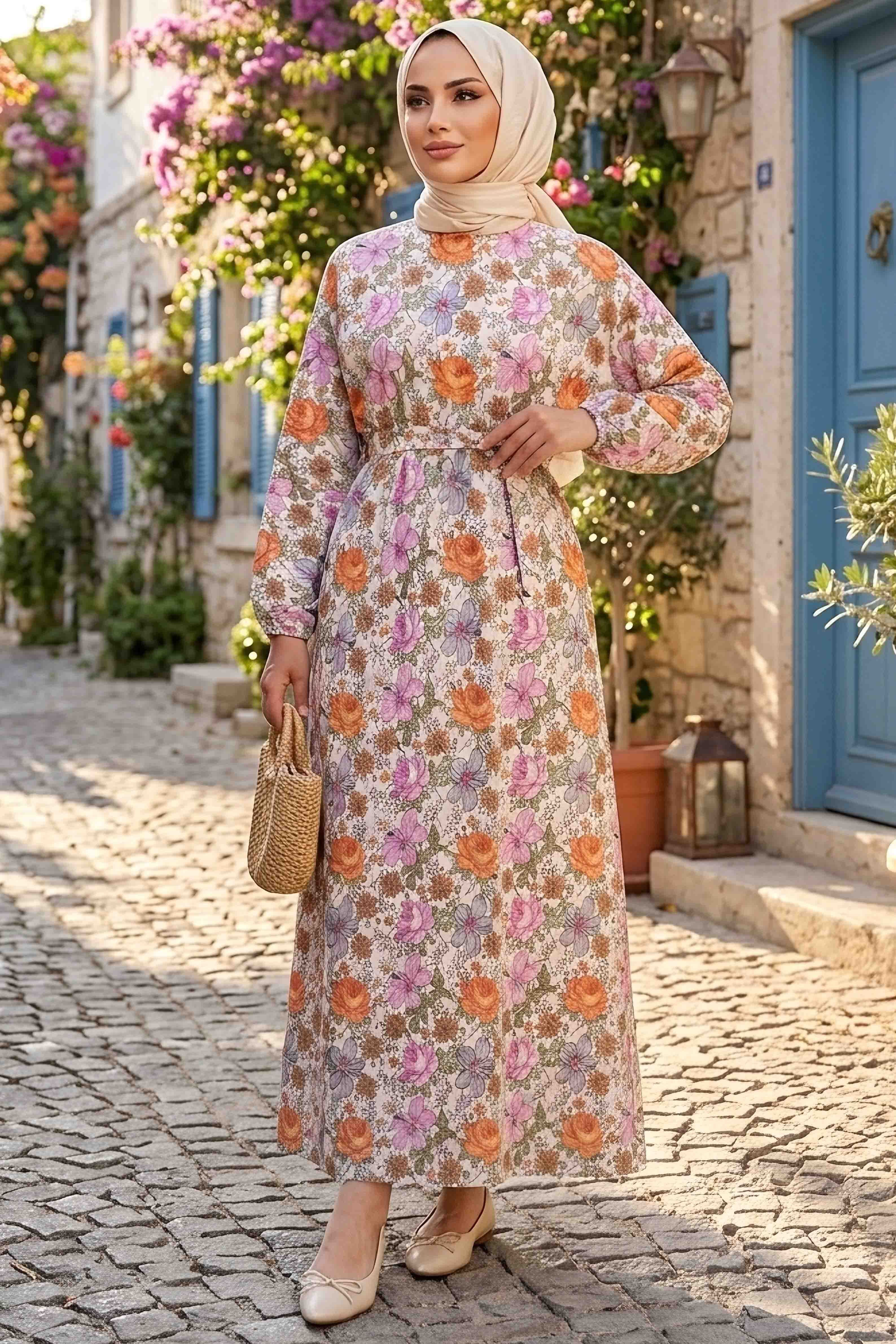 Desenli Kuşaklı Lastik Detaylı Elbise - 2115-TURUNCU - 1