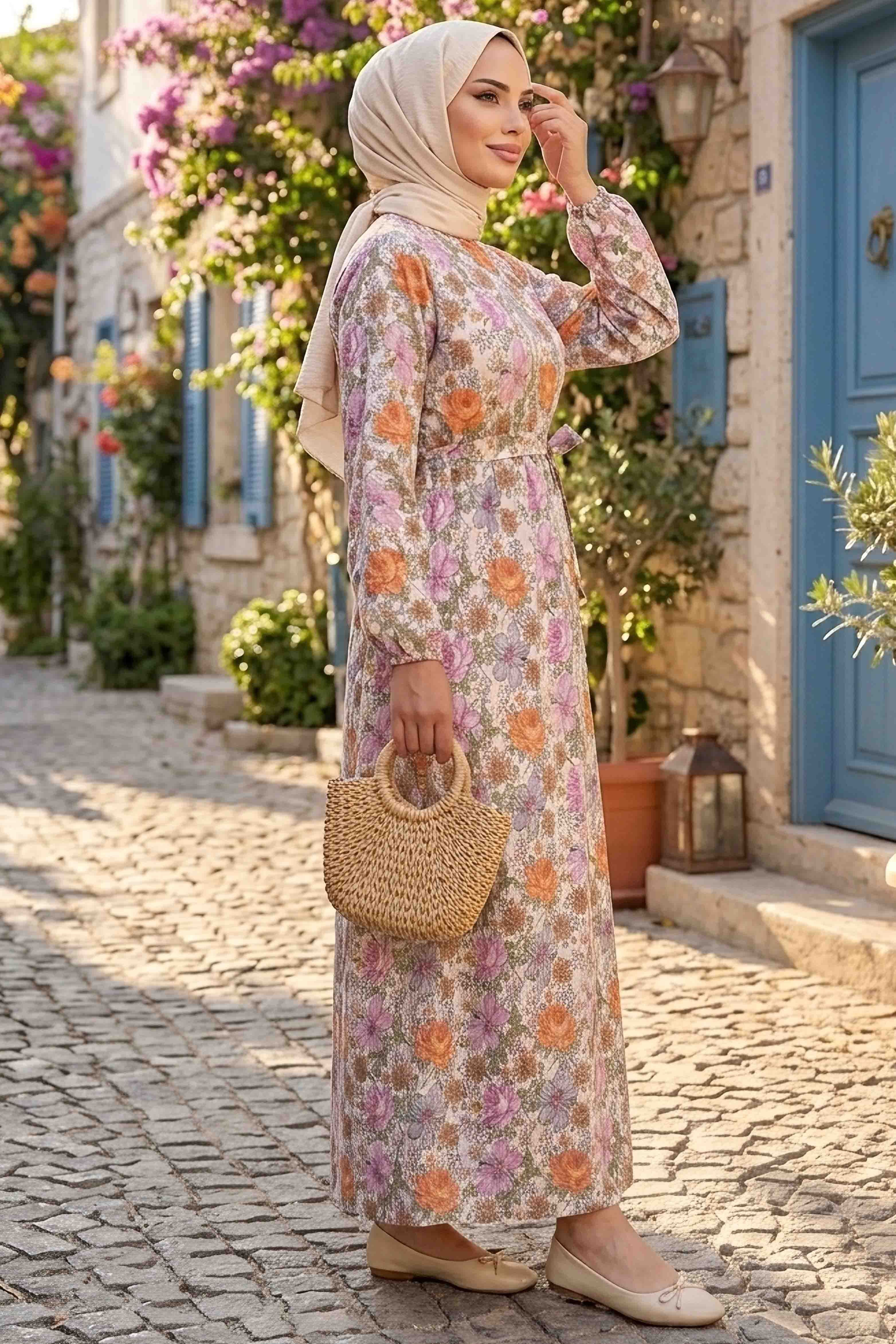 Desenli Kuşaklı Lastik Detaylı Elbise - 2115-TURUNCU - 2