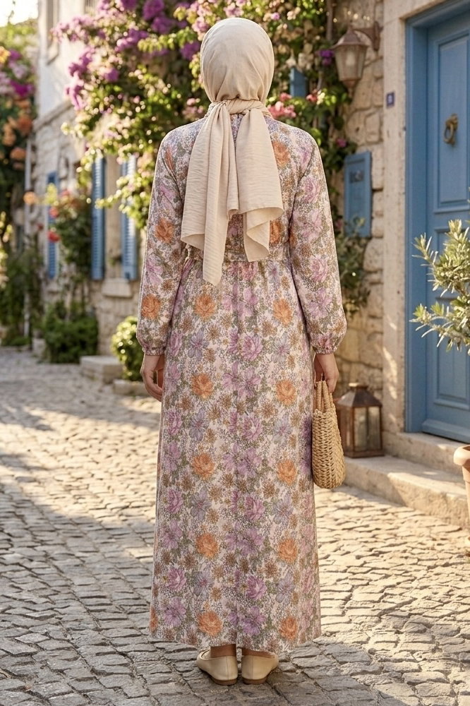 Desenli Kuşaklı Lastik Detaylı Elbise - 2115-TURUNCU - 3