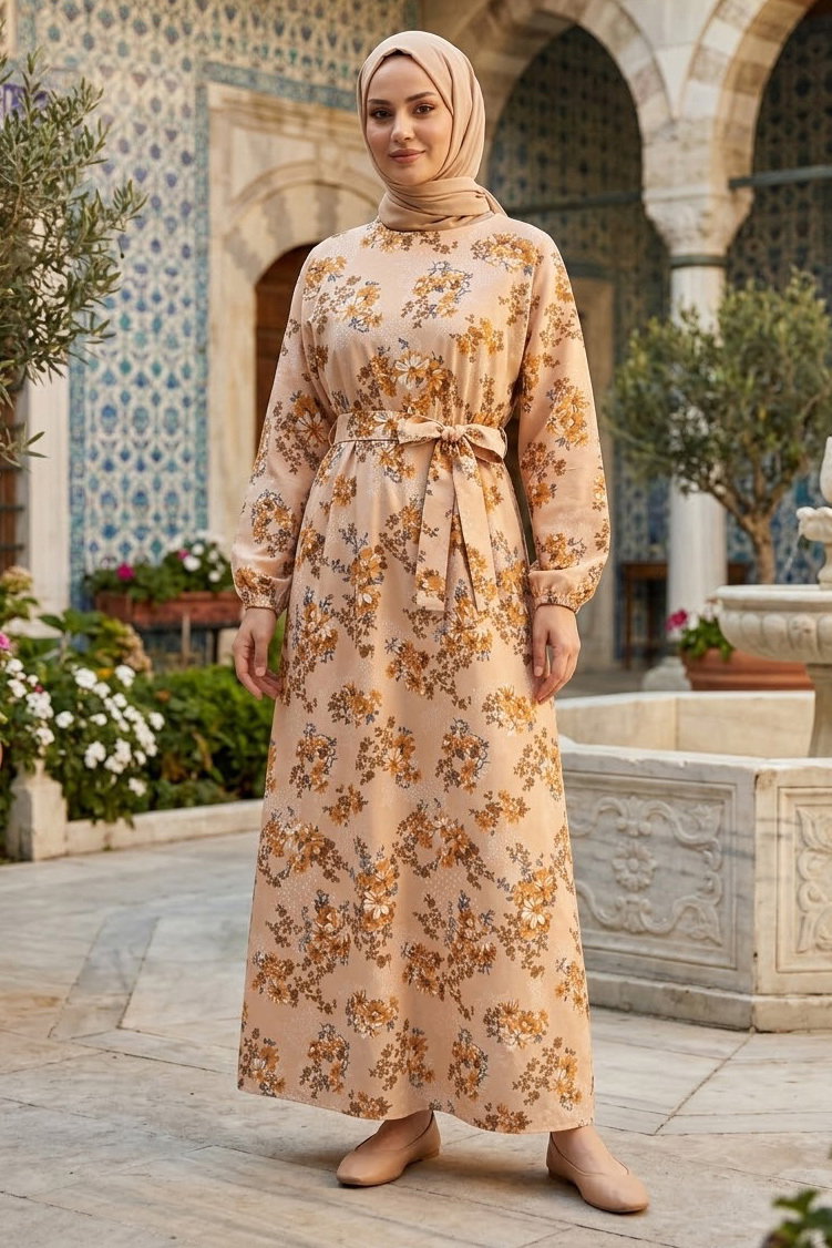 Desenli Kuşaklı Lastik Detaylı Elbise - 2115-VIZON - 1