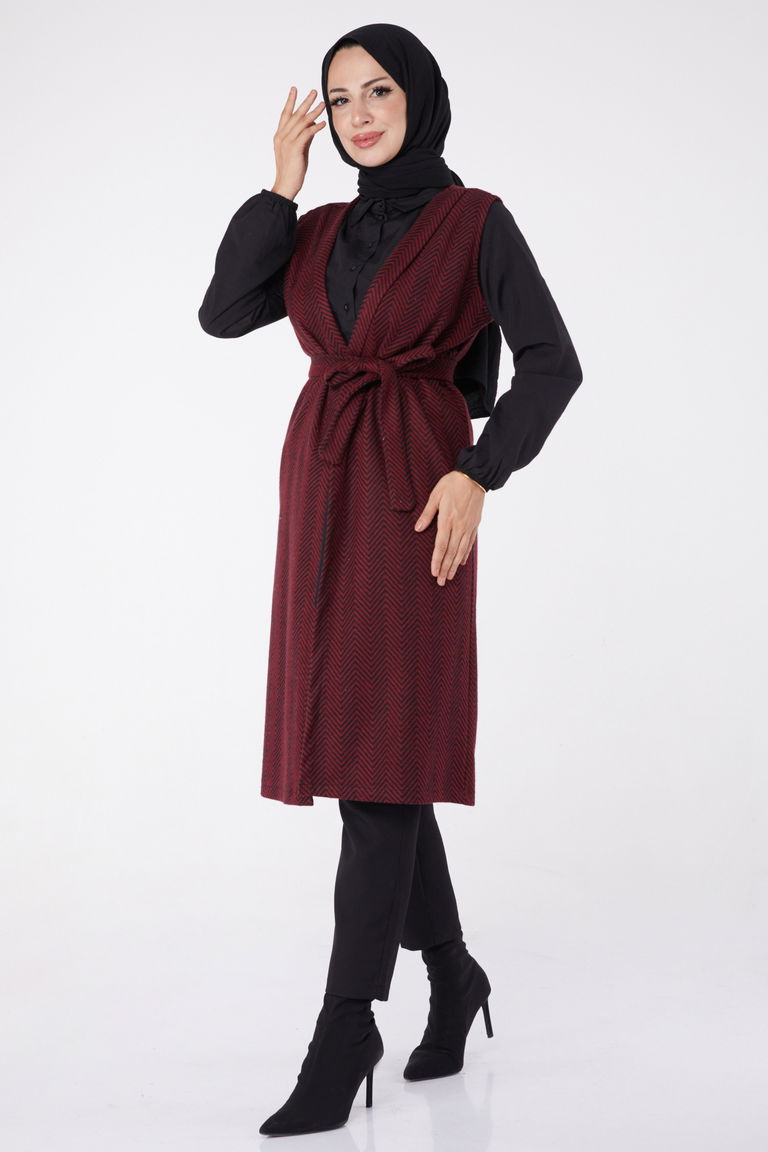 Desenli Kuşaklı Yelek - 27758-BORDO - TOFİSA
