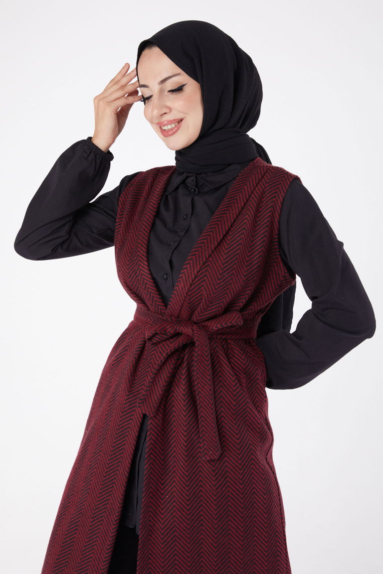 Desenli Kuşaklı Yelek - 27758-BORDO - TOFİSA