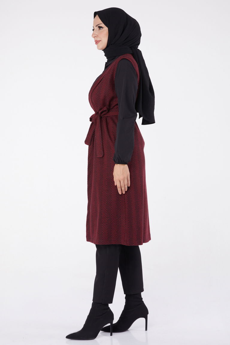 Desenli Kuşaklı Yelek - 27758-BORDO - TOFİSA