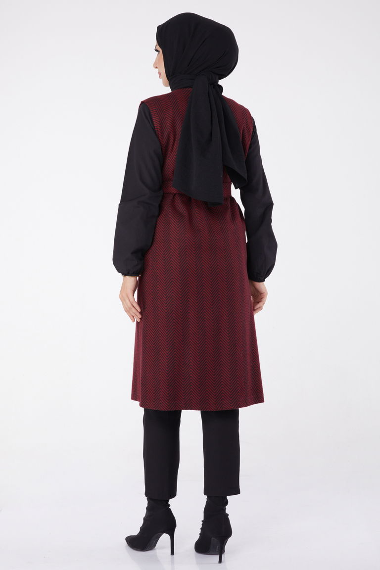 Desenli Kuşaklı Yelek - 27758-BORDO - TOFİSA