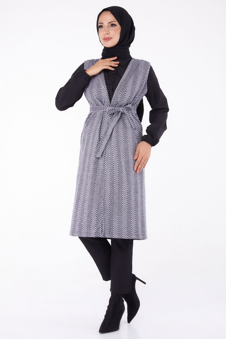 Desenli Kuşaklı Yelek - 27758-GRI - TOFİSA