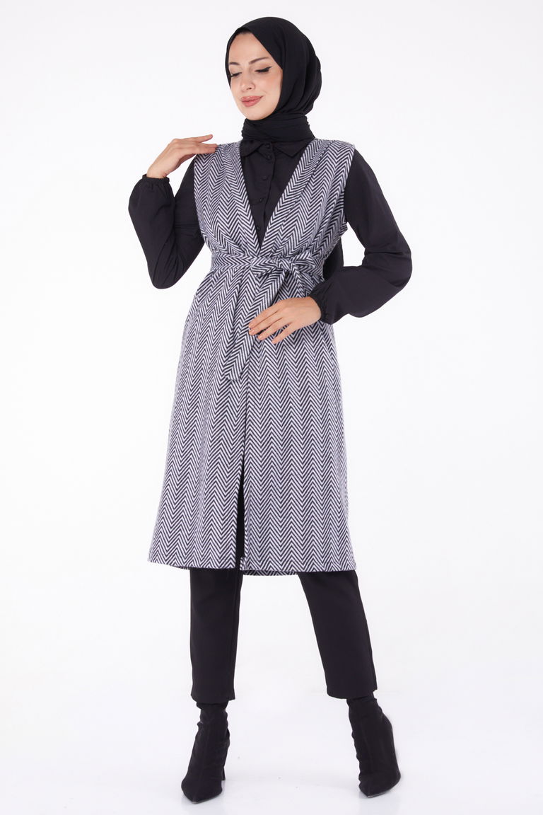 Desenli Kuşaklı Yelek - 27758-GRI - TOFİSA