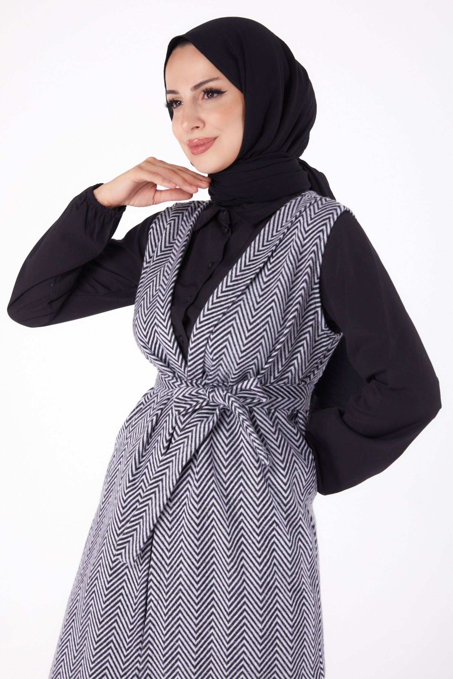 Desenli Kuşaklı Yelek - 27758-GRI - 3