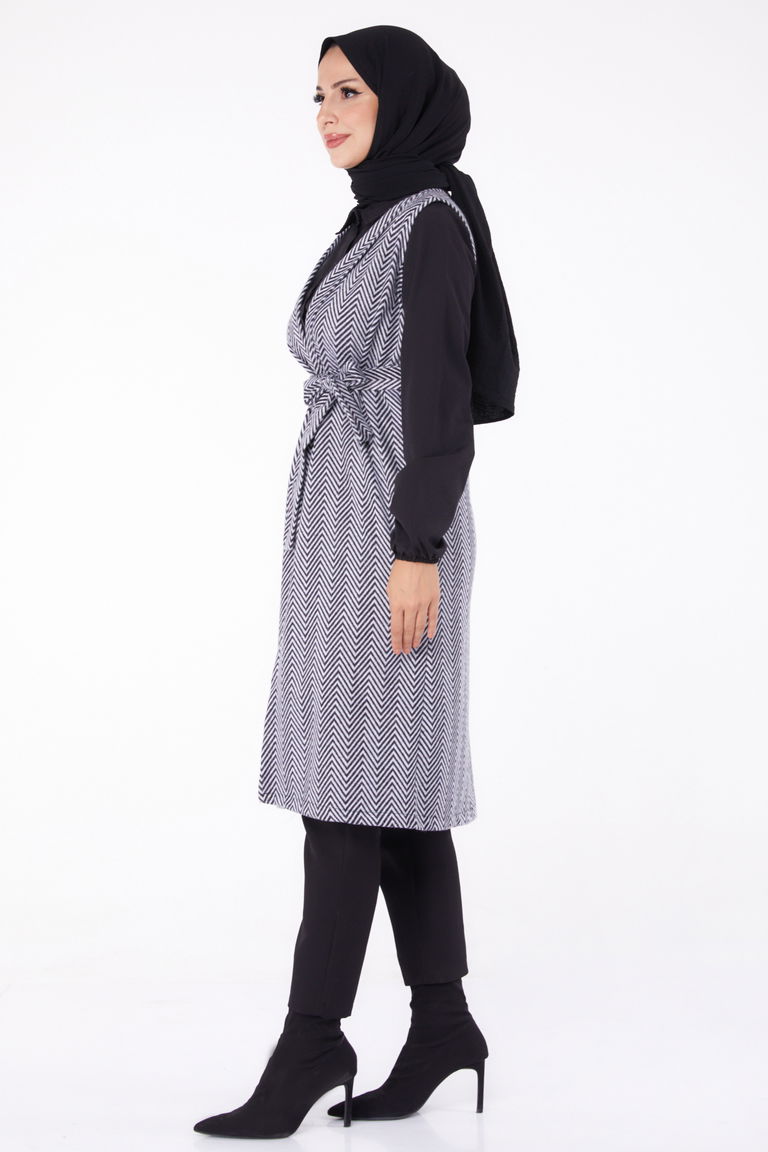 Desenli Kuşaklı Yelek - 27758-GRI - TOFİSA