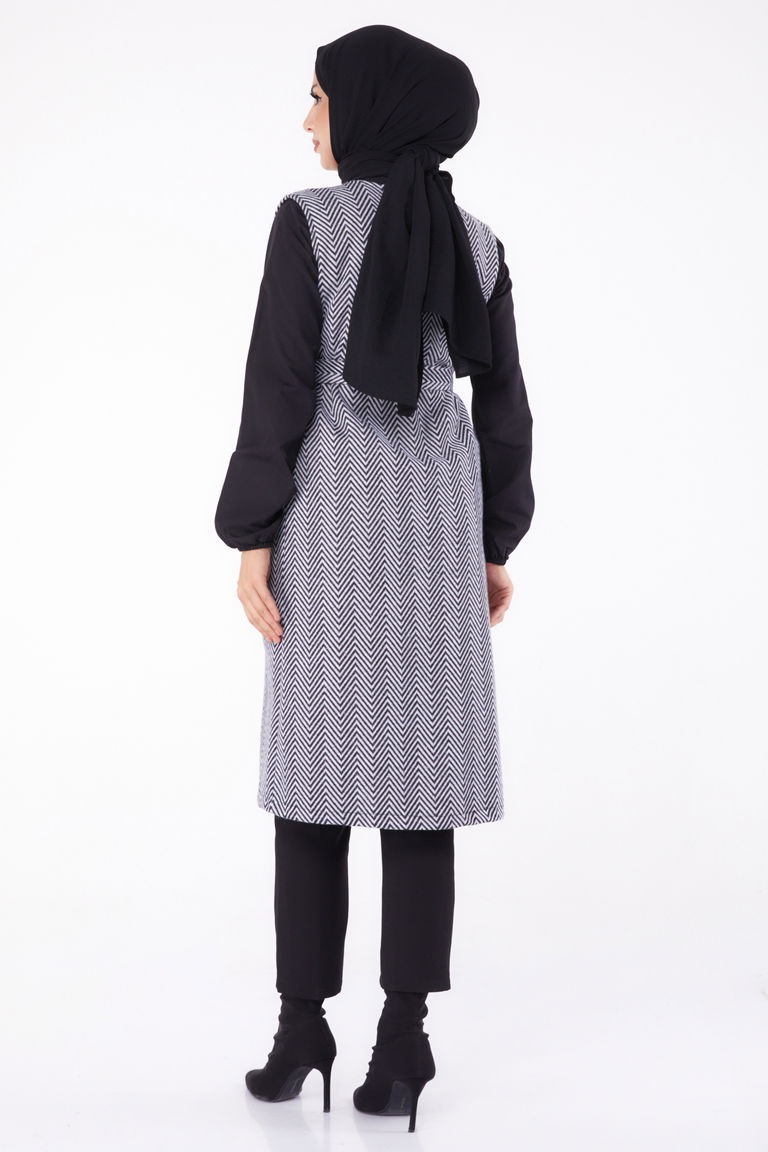 Desenli Kuşaklı Yelek - 27758-GRI - TOFİSA