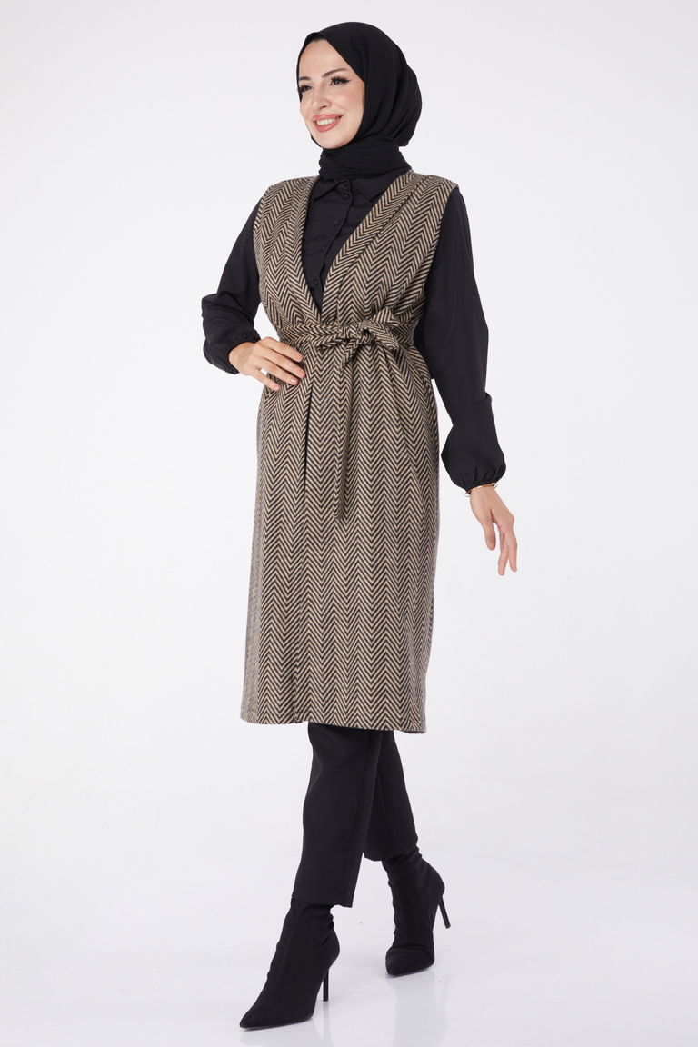 Desenli Kuşaklı Yelek - 27758-VIZON - TOFİSA