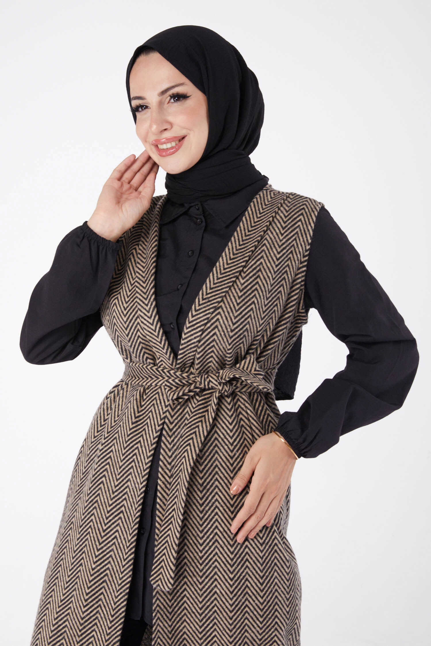 Desenli Kuşaklı Yelek - 27758-VIZON - 3