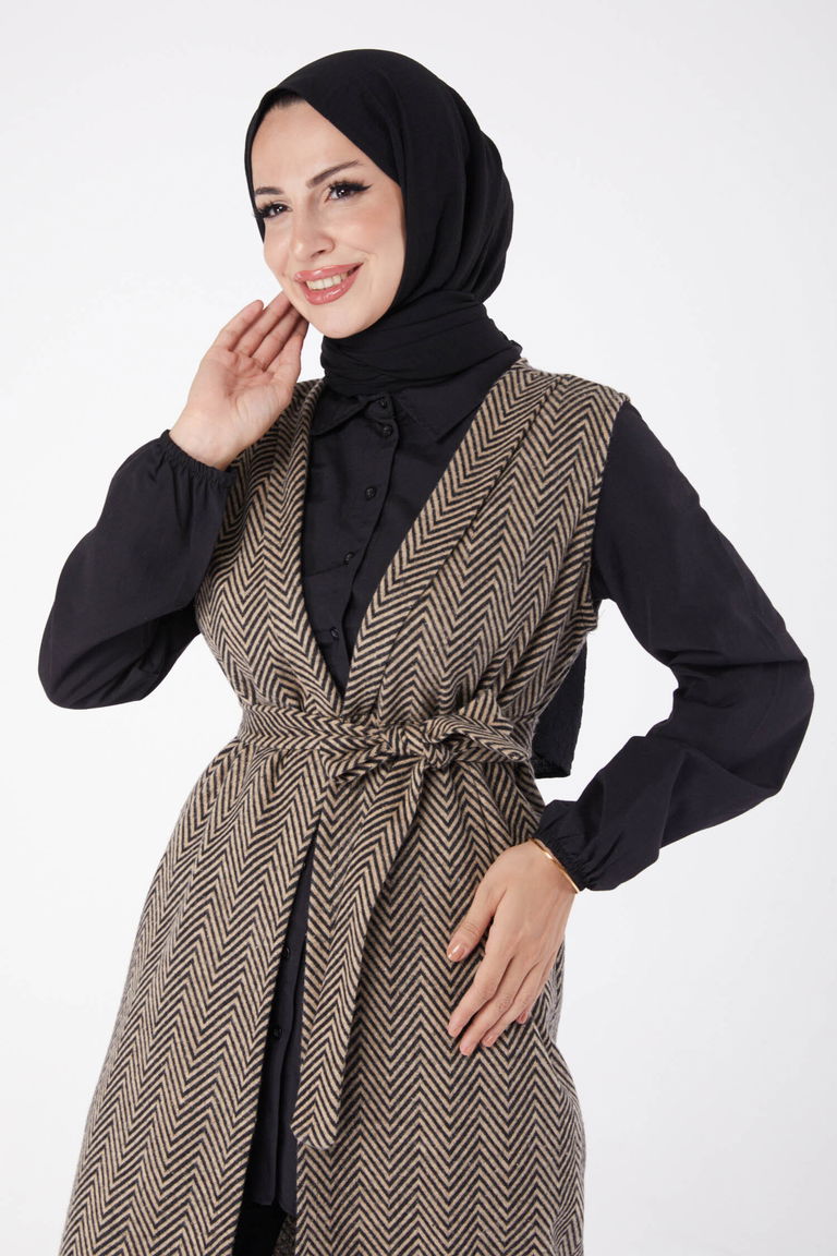 Desenli Kuşaklı Yelek - 27758-VIZON - TOFİSA