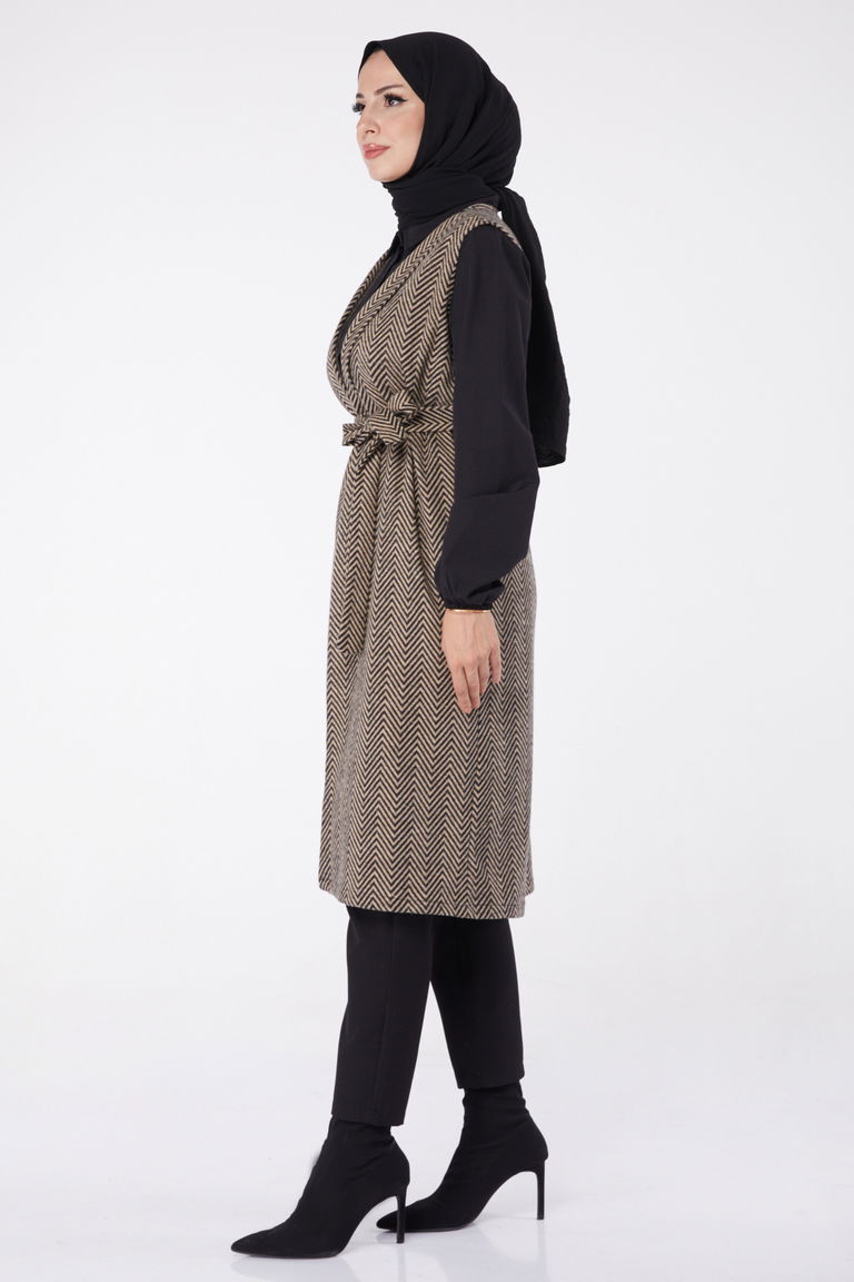 Desenli Kuşaklı Yelek - 27758-VIZON - TOFİSA