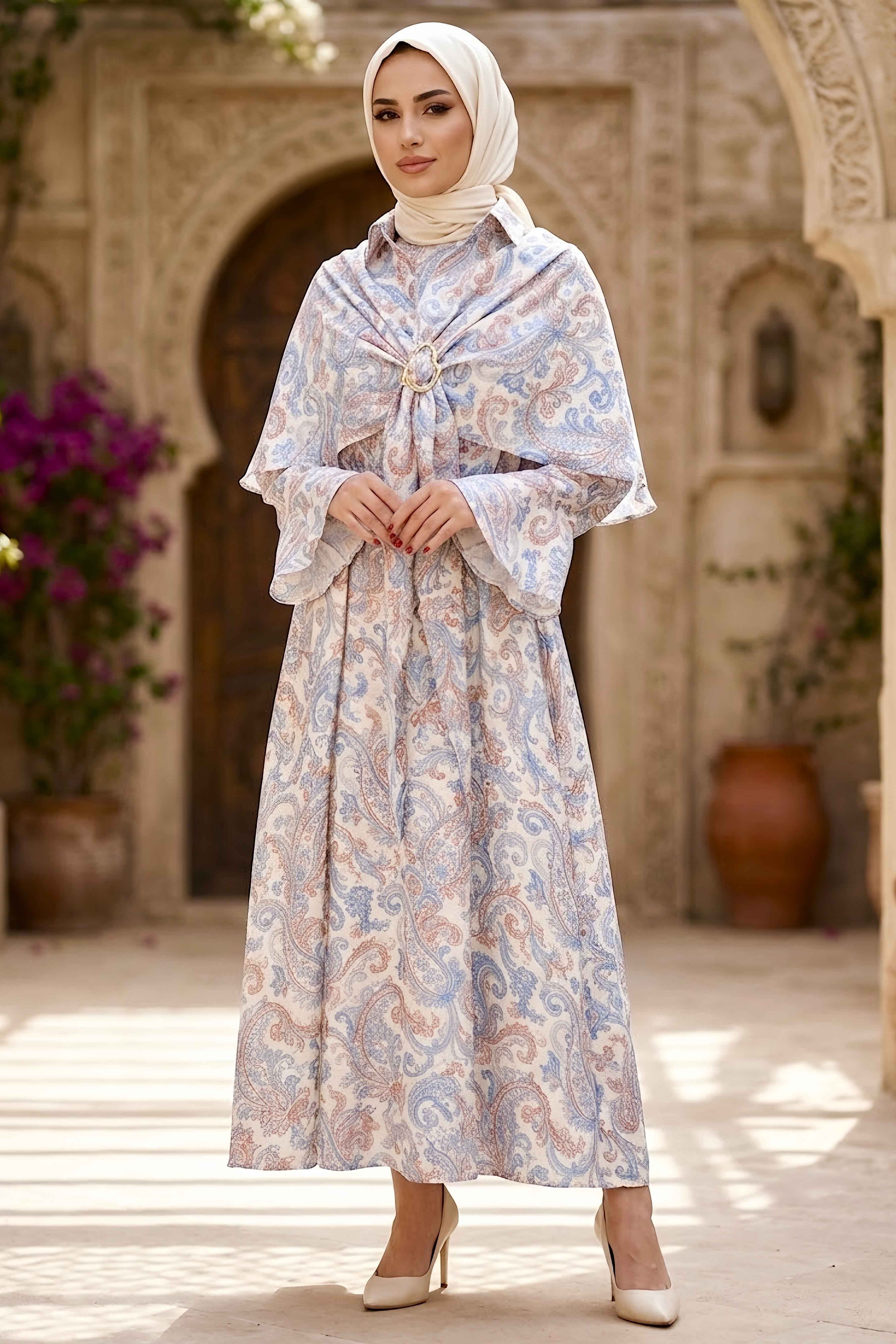 Desenli Pelerinli Elbise Indigo - 28720-INDIGO - 1