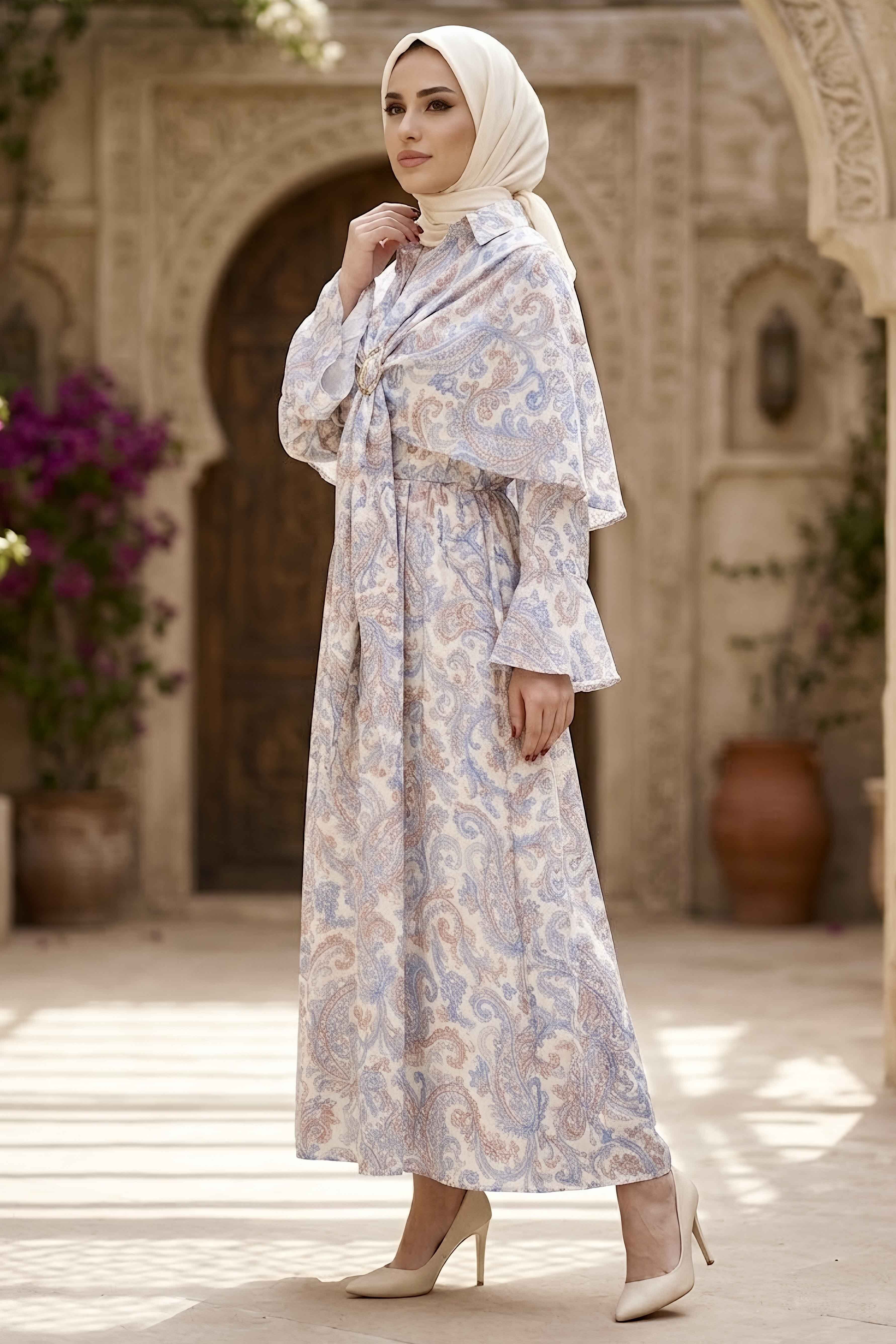 Desenli Pelerinli Elbise Indigo - 28720-INDIGO - 2