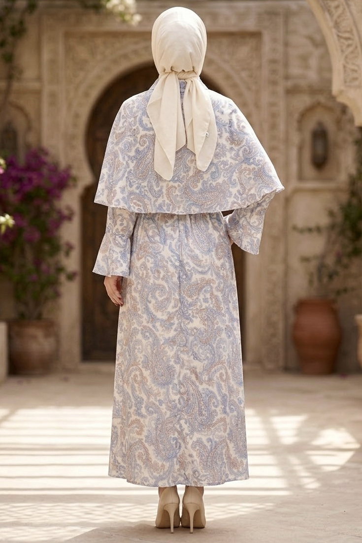 Desenli Pelerinli Elbise Indigo - 28720-INDIGO - 3