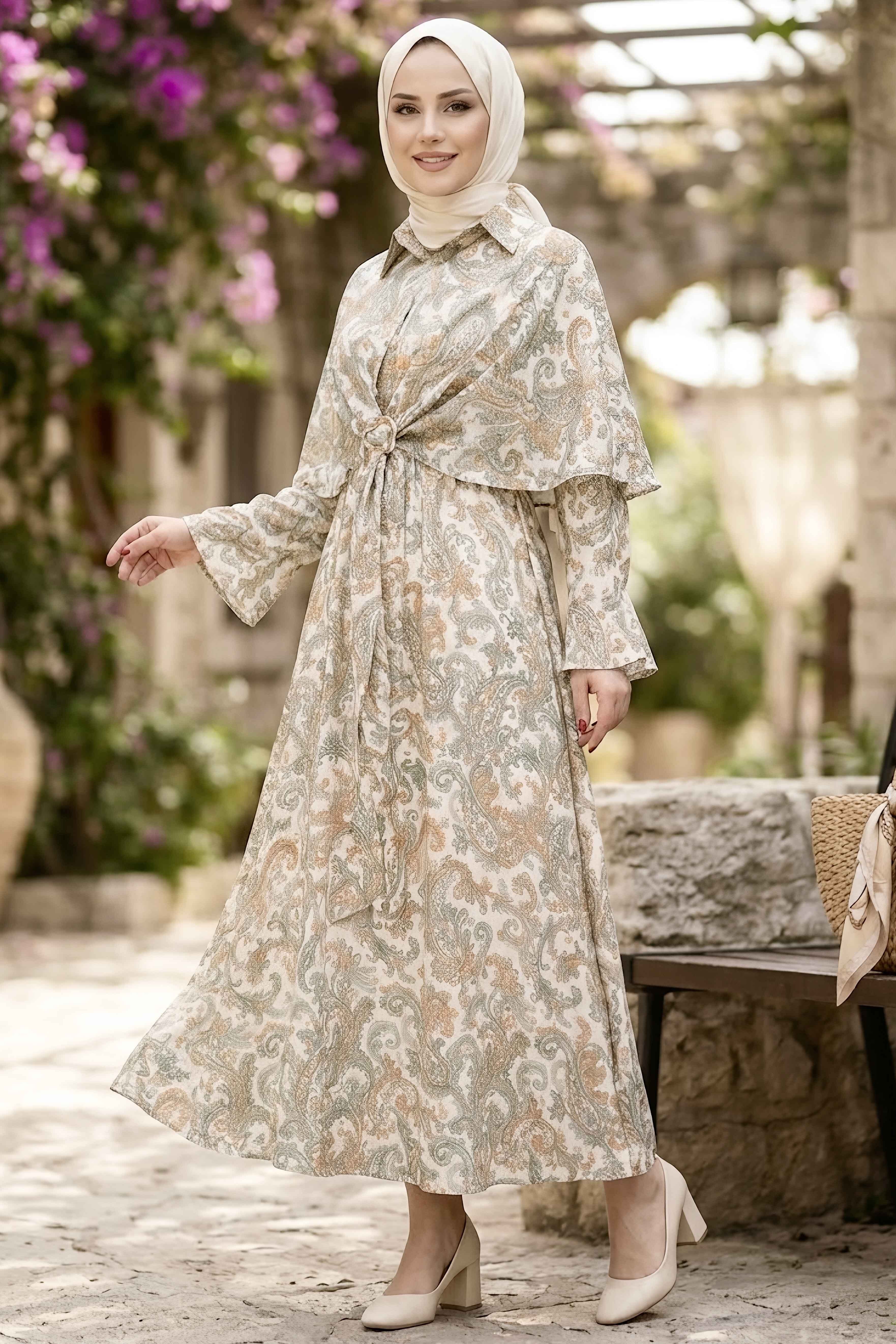 Desenli Pelerinli Elbise Mint - 28720-MINT - 1