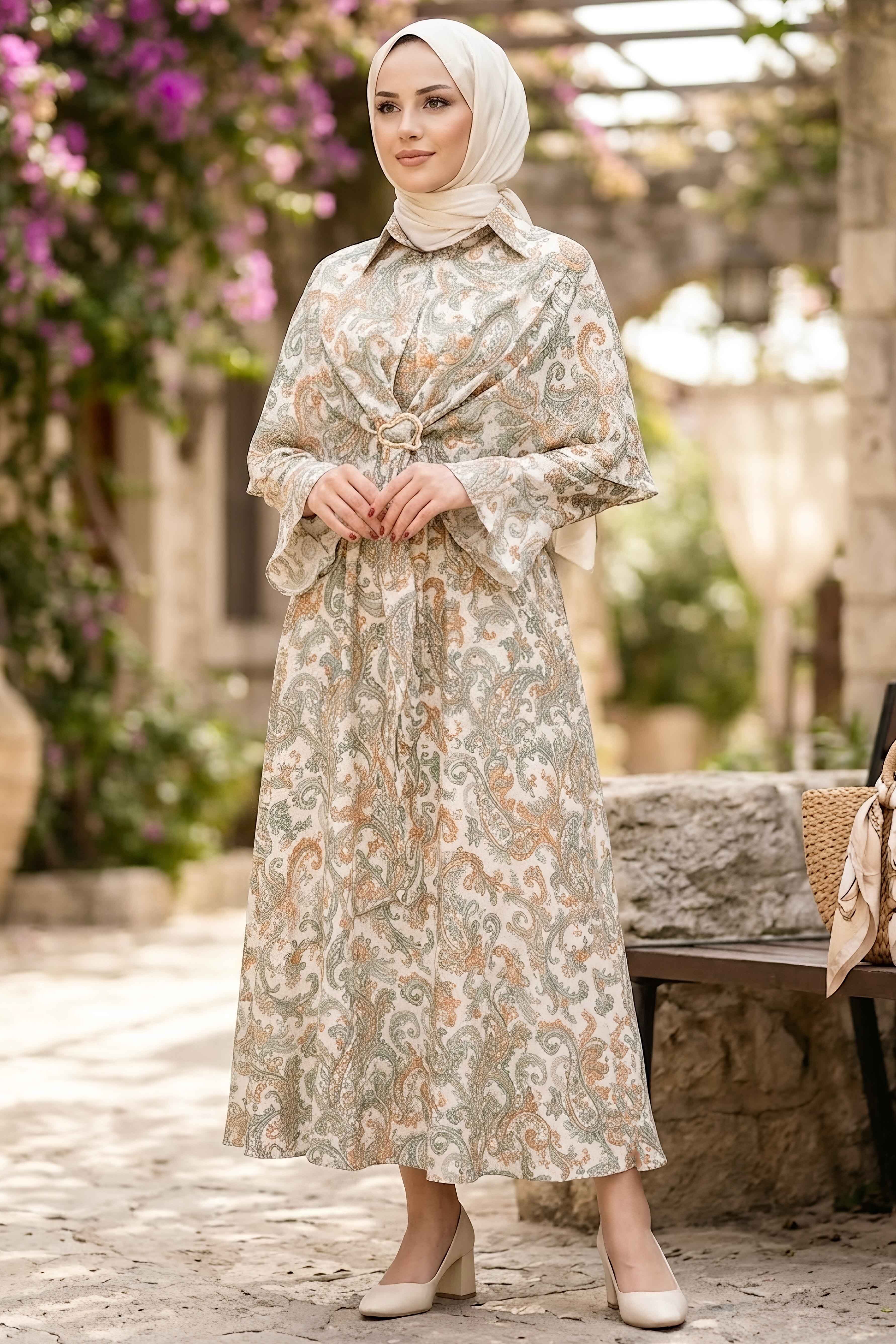 Desenli Pelerinli Elbise Mint - 28720-MINT - 2