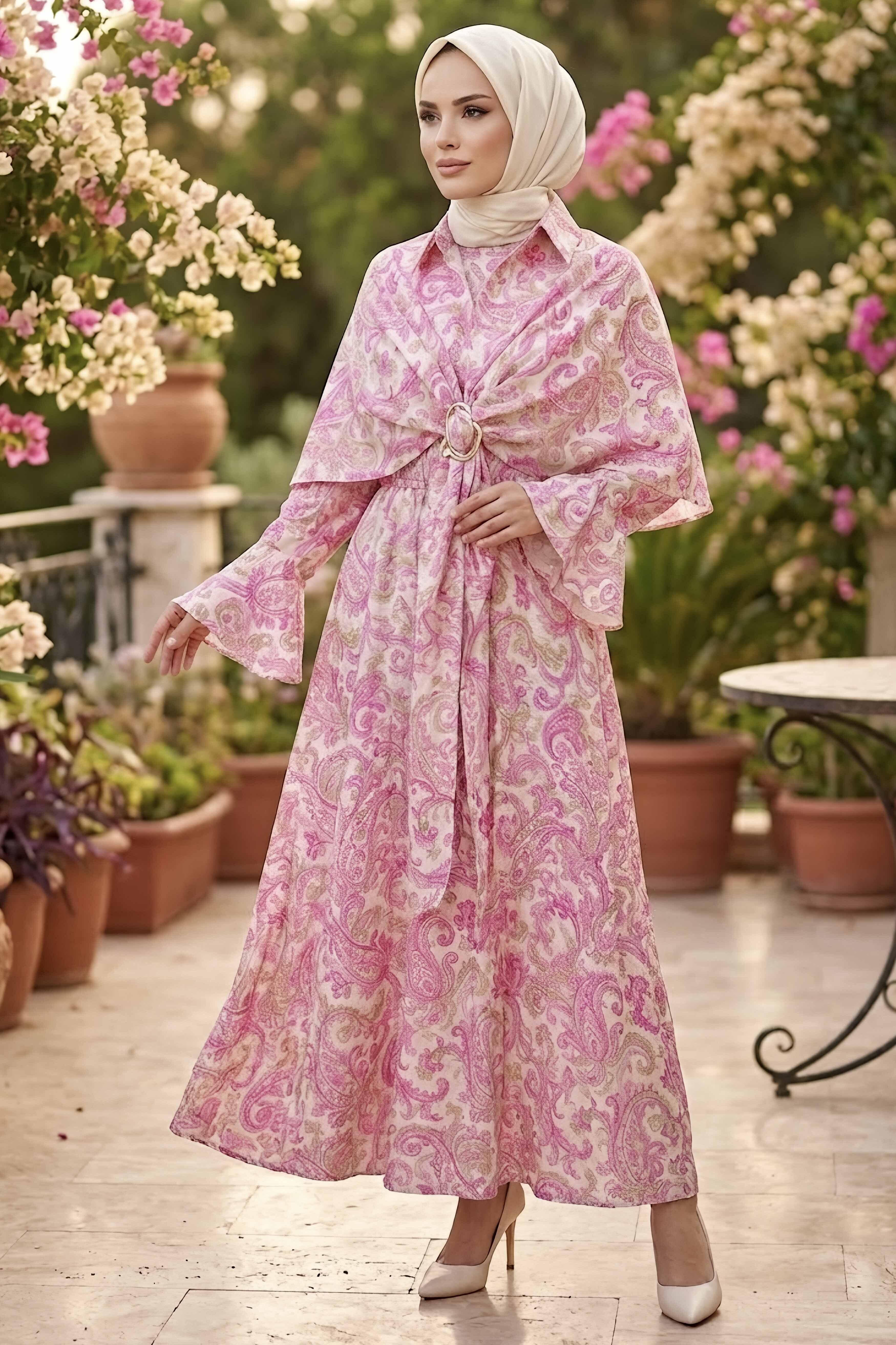 Desenli Pelerinli Elbise Pembe - 28720-PEMBE - 1