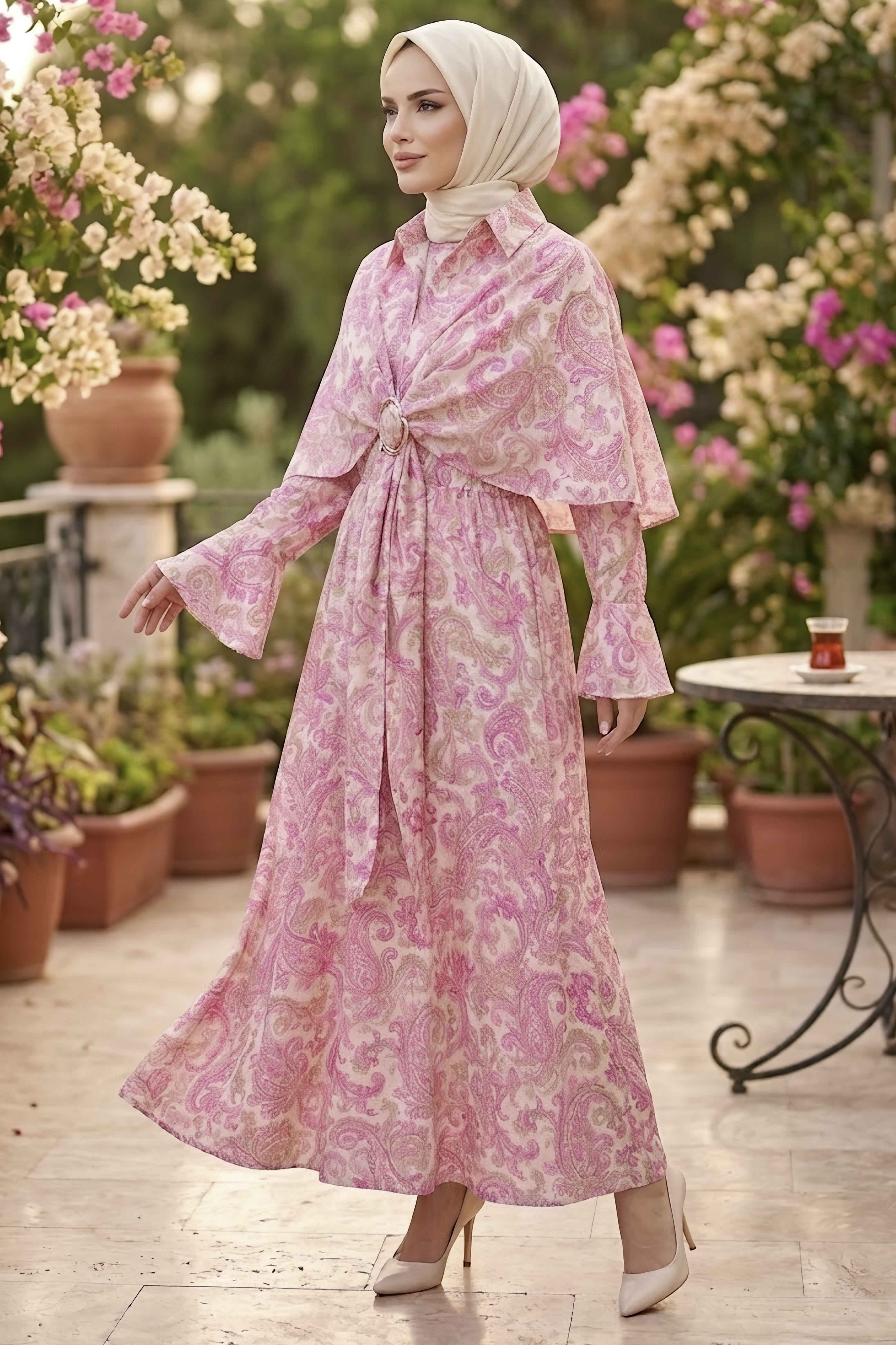 Desenli Pelerinli Elbise Pembe - 28720-PEMBE - 2