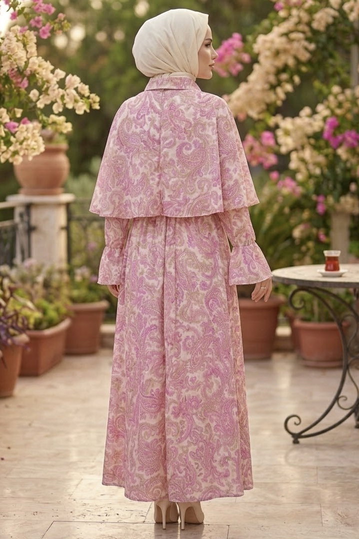Desenli Pelerinli Elbise Pembe - 28720-PEMBE - 3