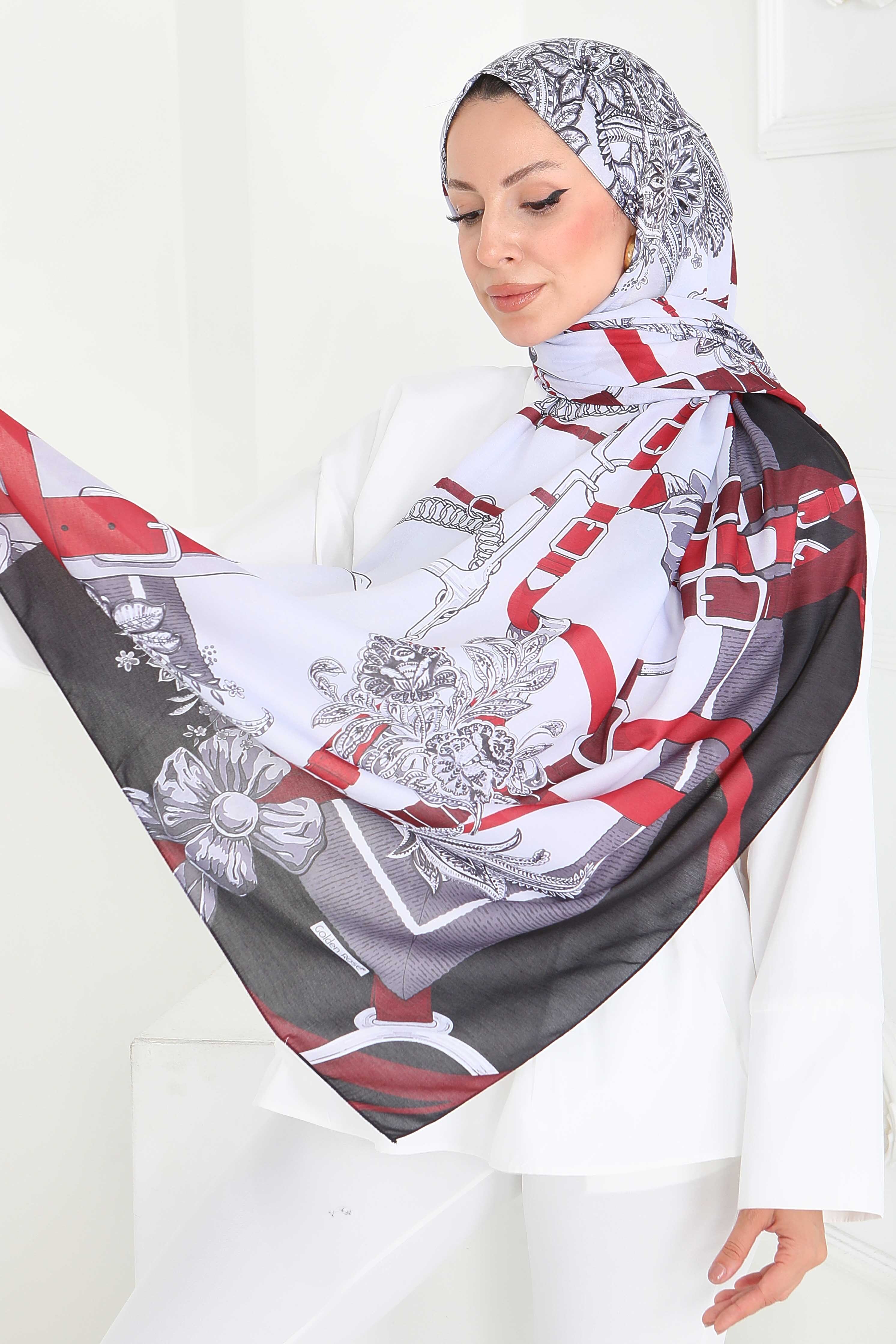 Desenli Şal - 27858-BORDO - 2