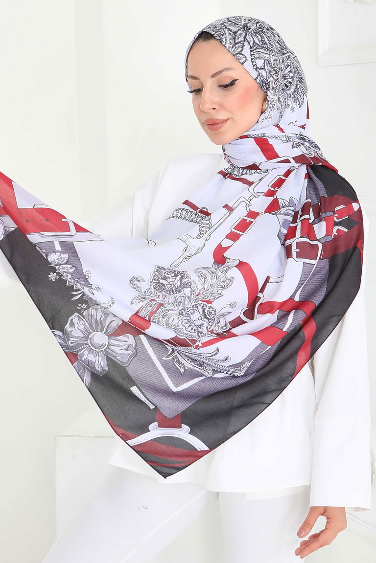 Kemerli Çiçek Bahçesi Serisi Pamuk Şal 27858-BORDO - TOFİSA