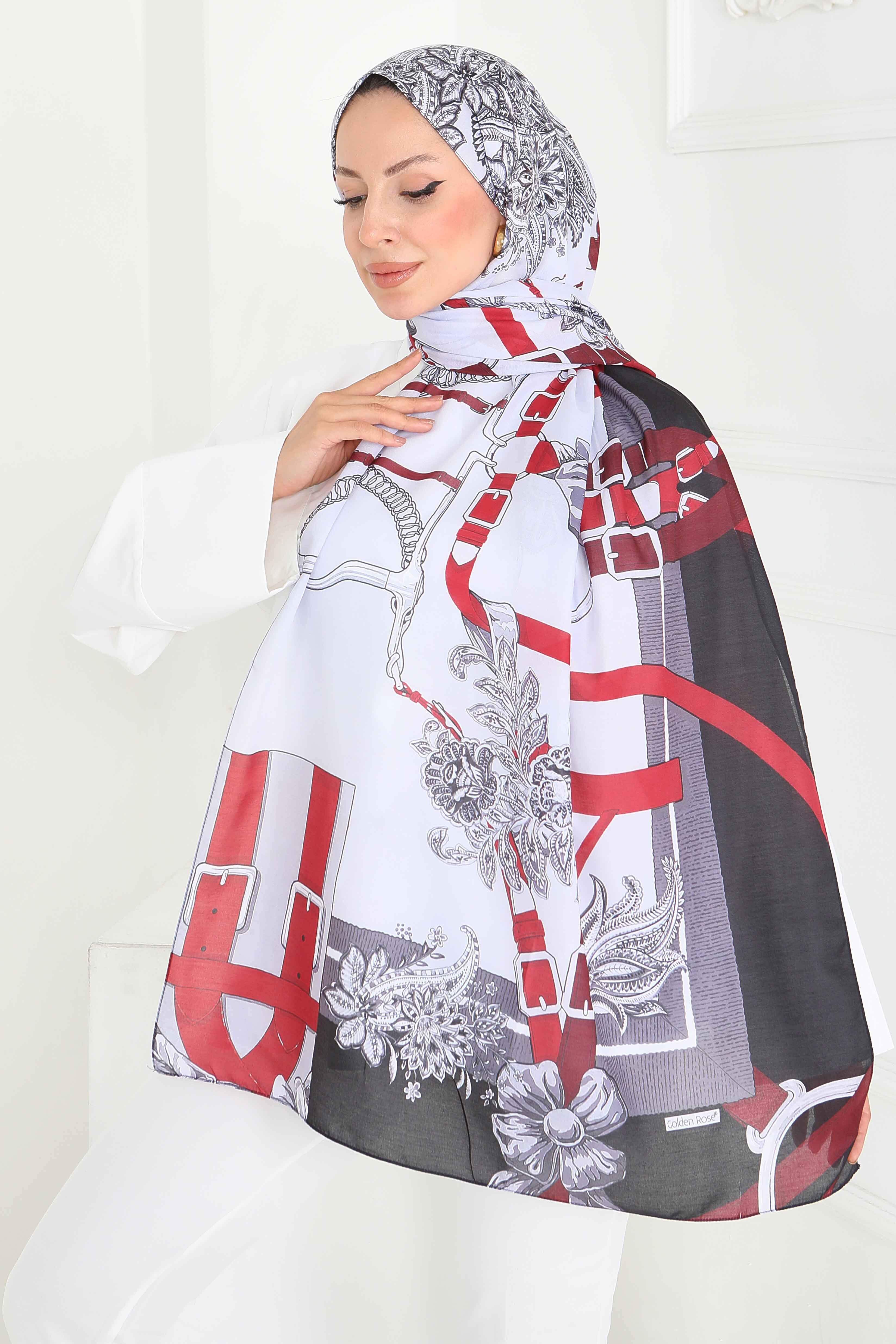 Desenli Şal - 27858-BORDO - 3
