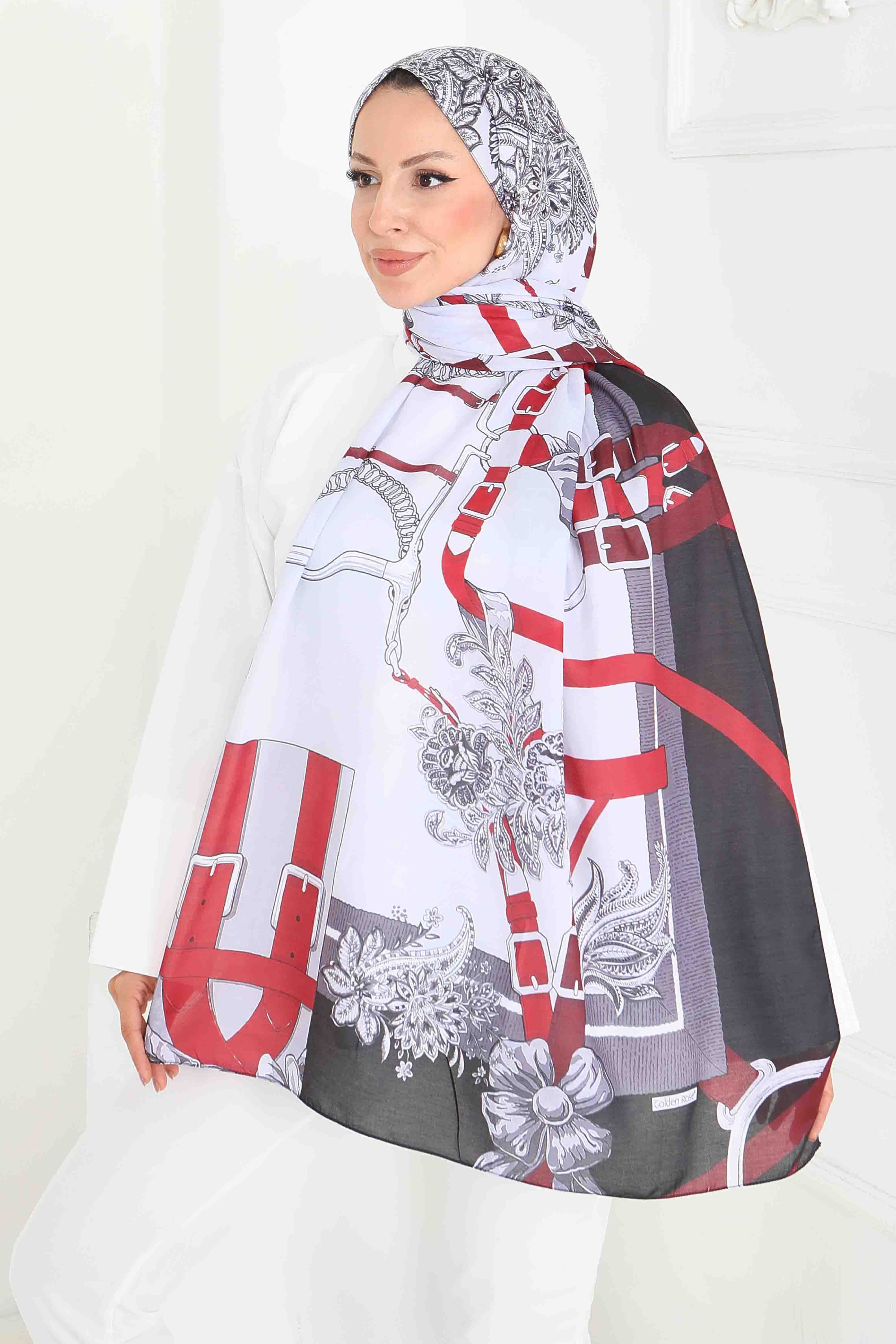 Desenli Şal - 27858-BORDO - 4